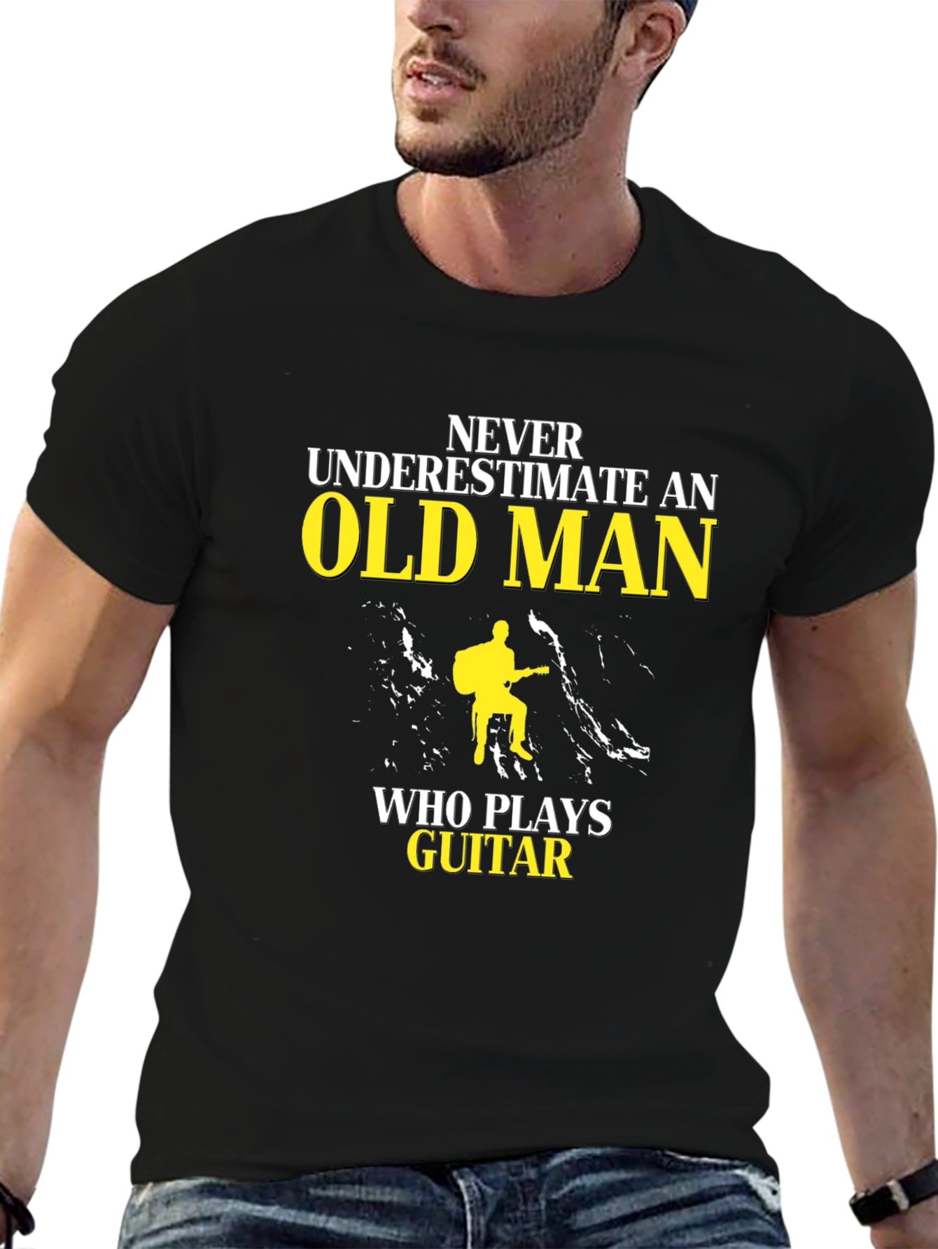Black Never Underestimate Old Man Guitar Player T-Shirt view 6