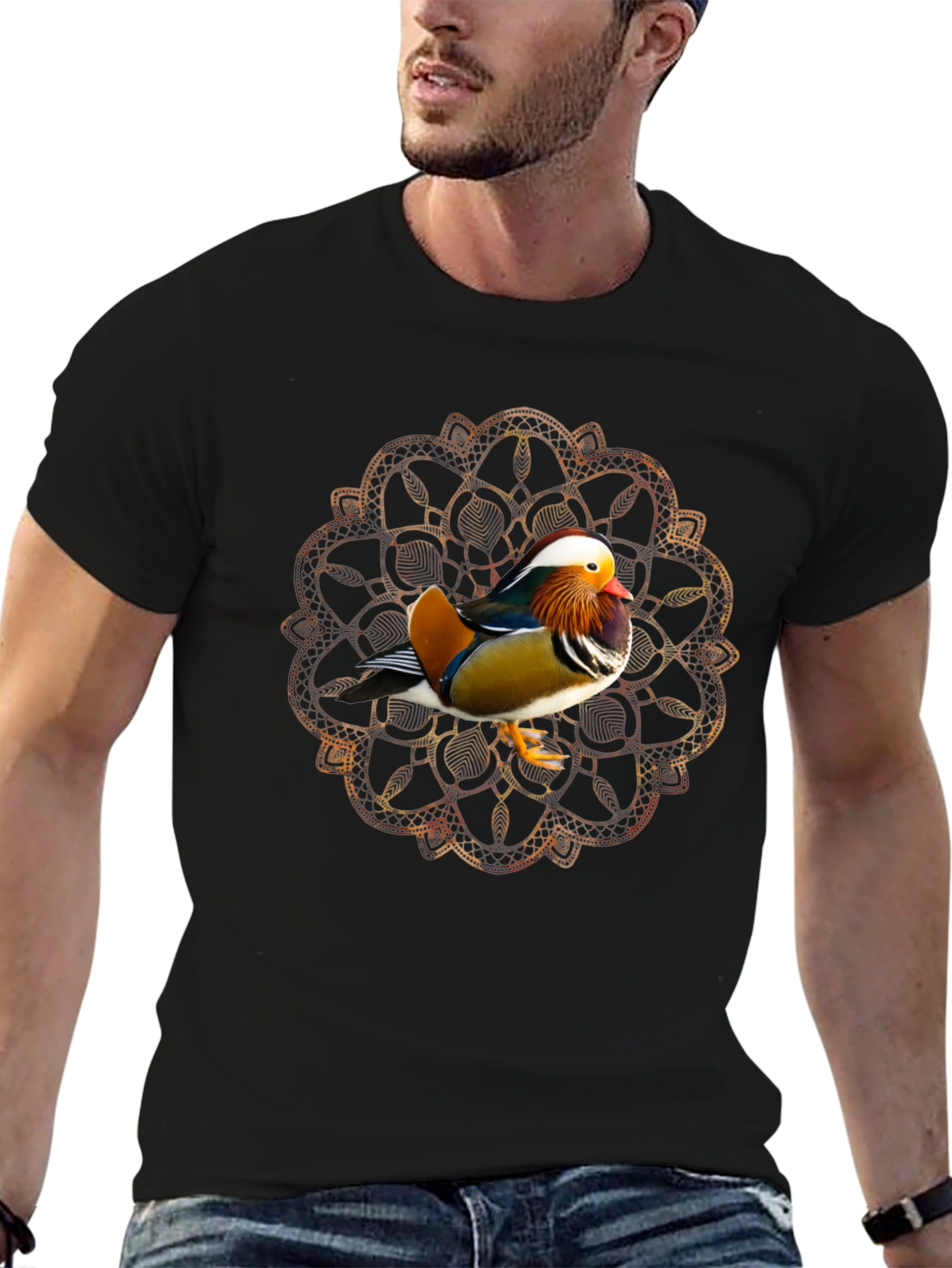 Black Mandarin Duck Mandala Graphic Tee - Stylish Men's T-Shirt view 6