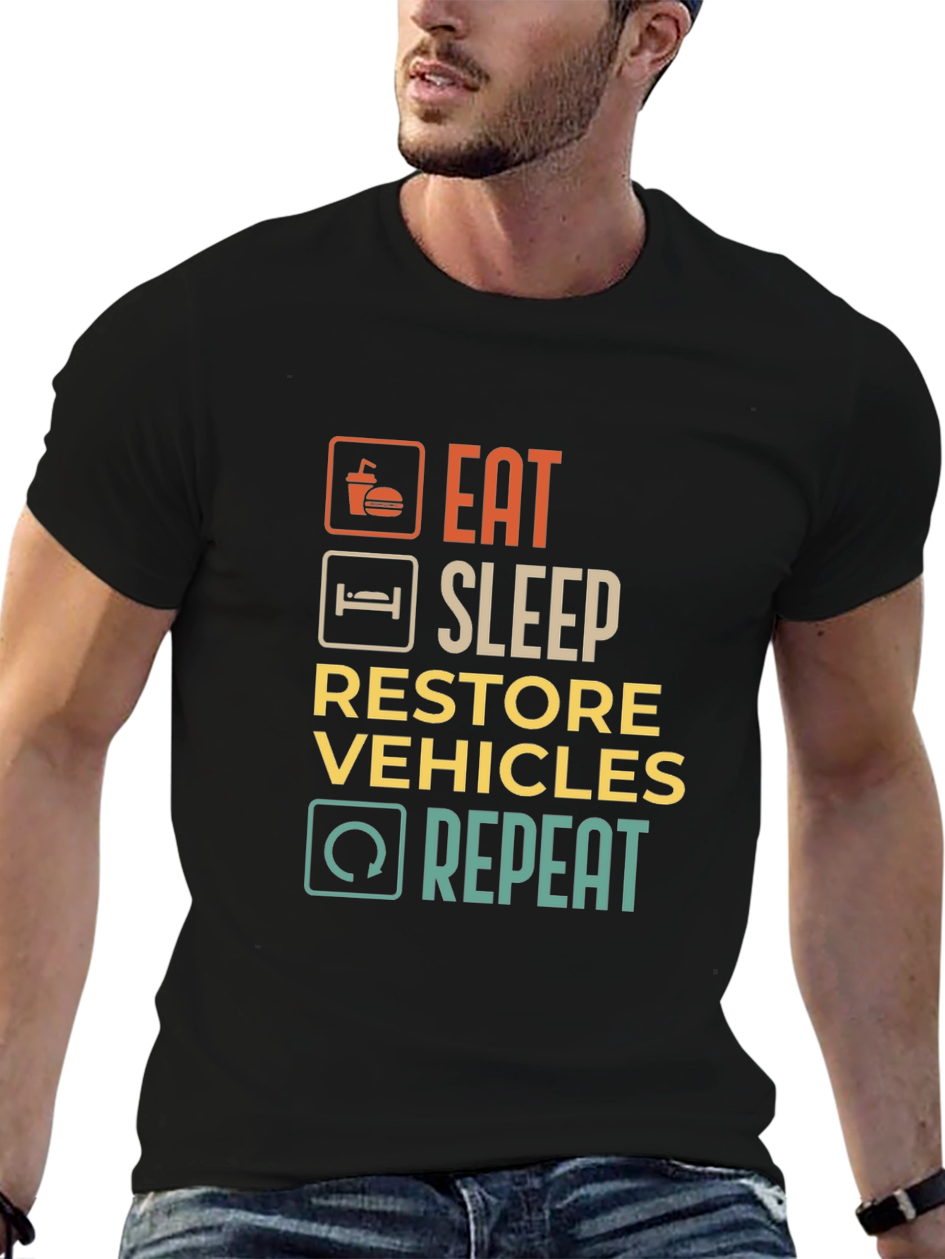 Black Eat Sleep Restore Vehicles Repeat Graphic T-Shirt view 6