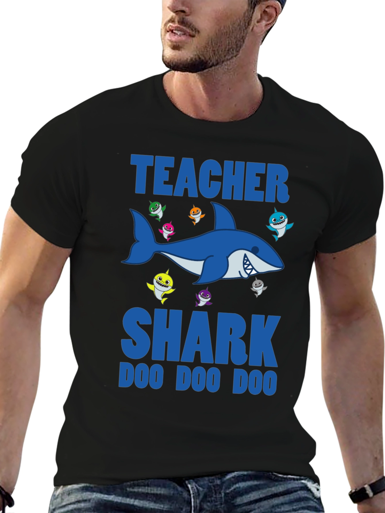 Black Teacher Shark T-Shirt - Doo Doo Doo - Black view 6