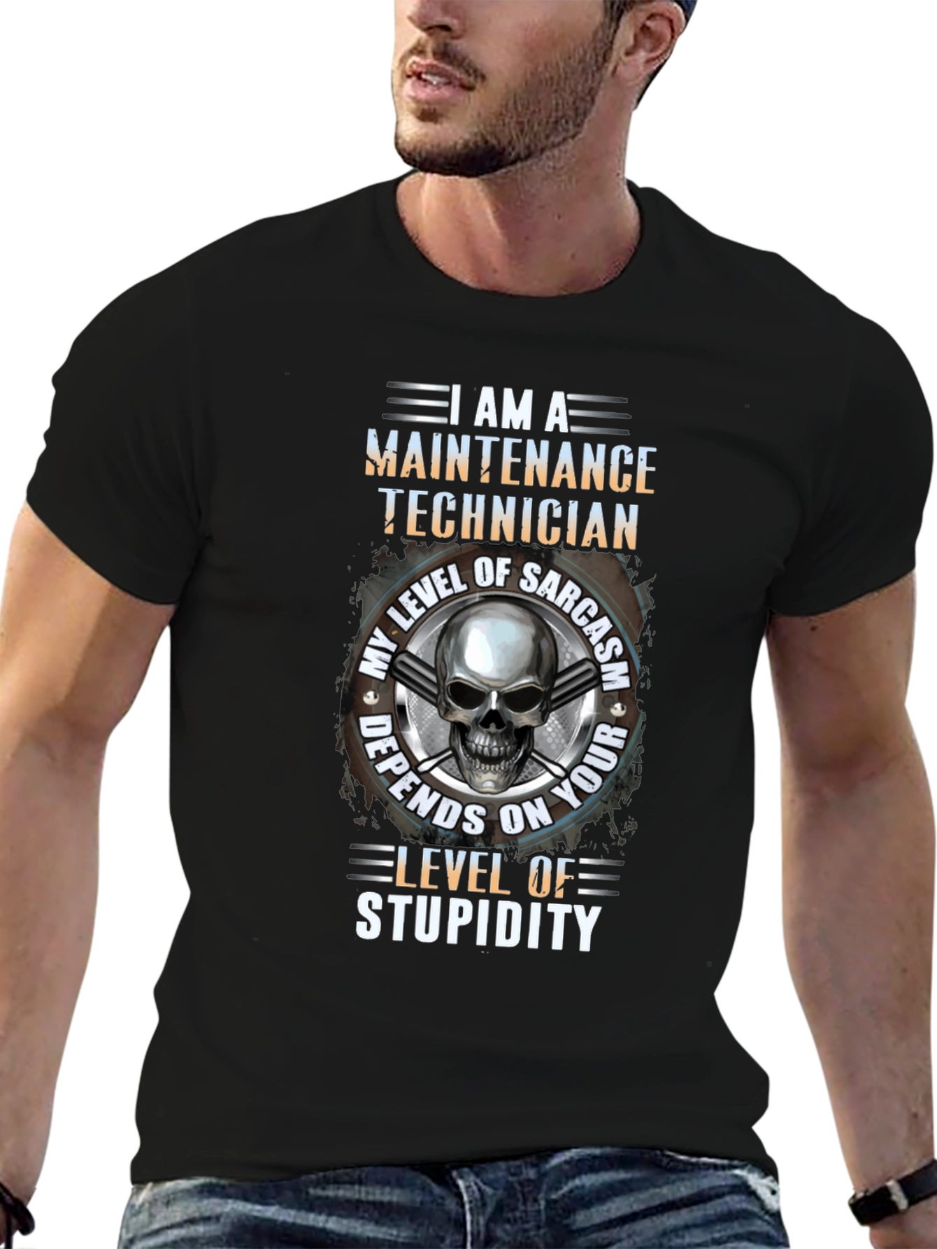 Black Maintenance Technician Skull Graphic T-Shirt view 6