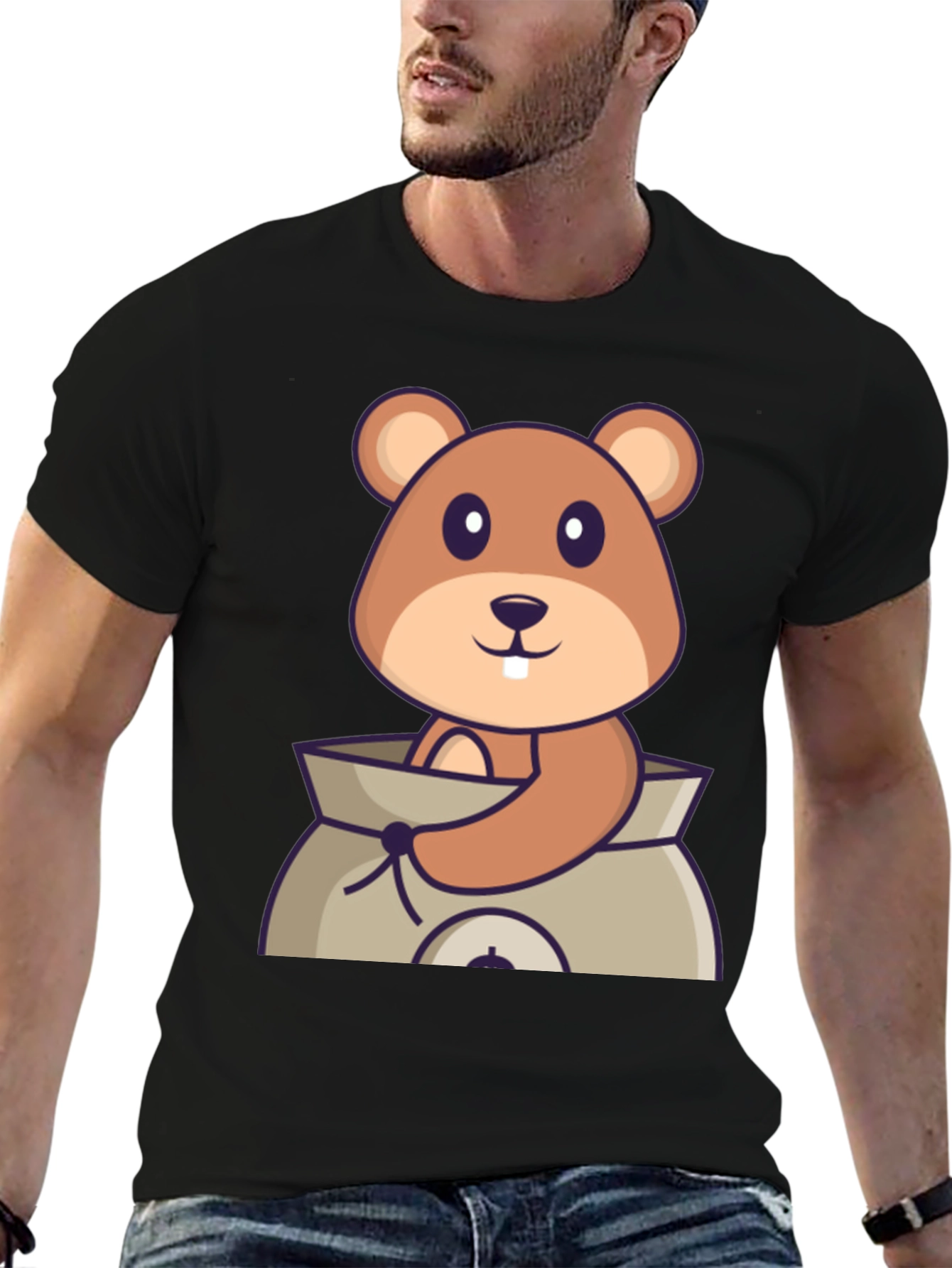 Black Cartoon Groundhog in Sack Black T-Shirt view 6