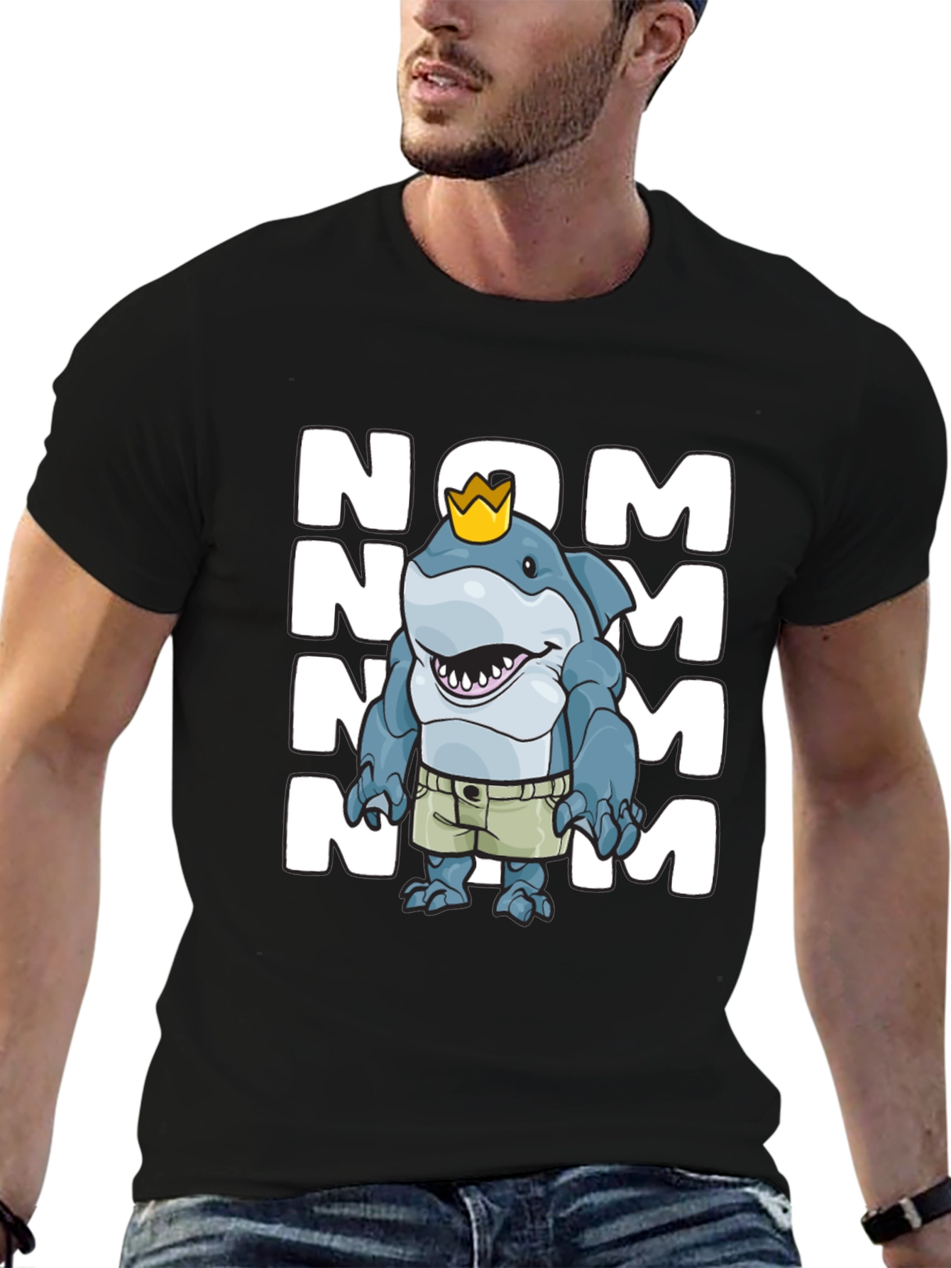 Black Nom Shark T-Shirt - Funny Cartoon Shark Graphic Tee view 6