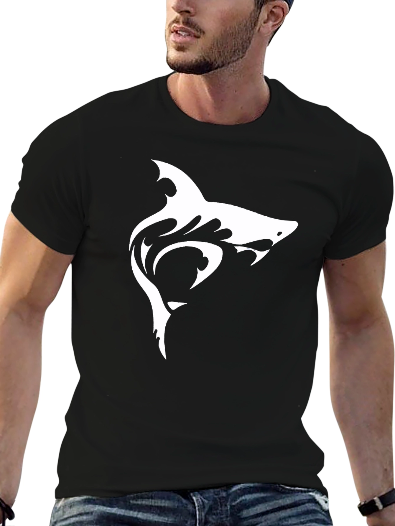 Black Shark Graphic Tee - Black Cotton Casual T-Shirt view 6