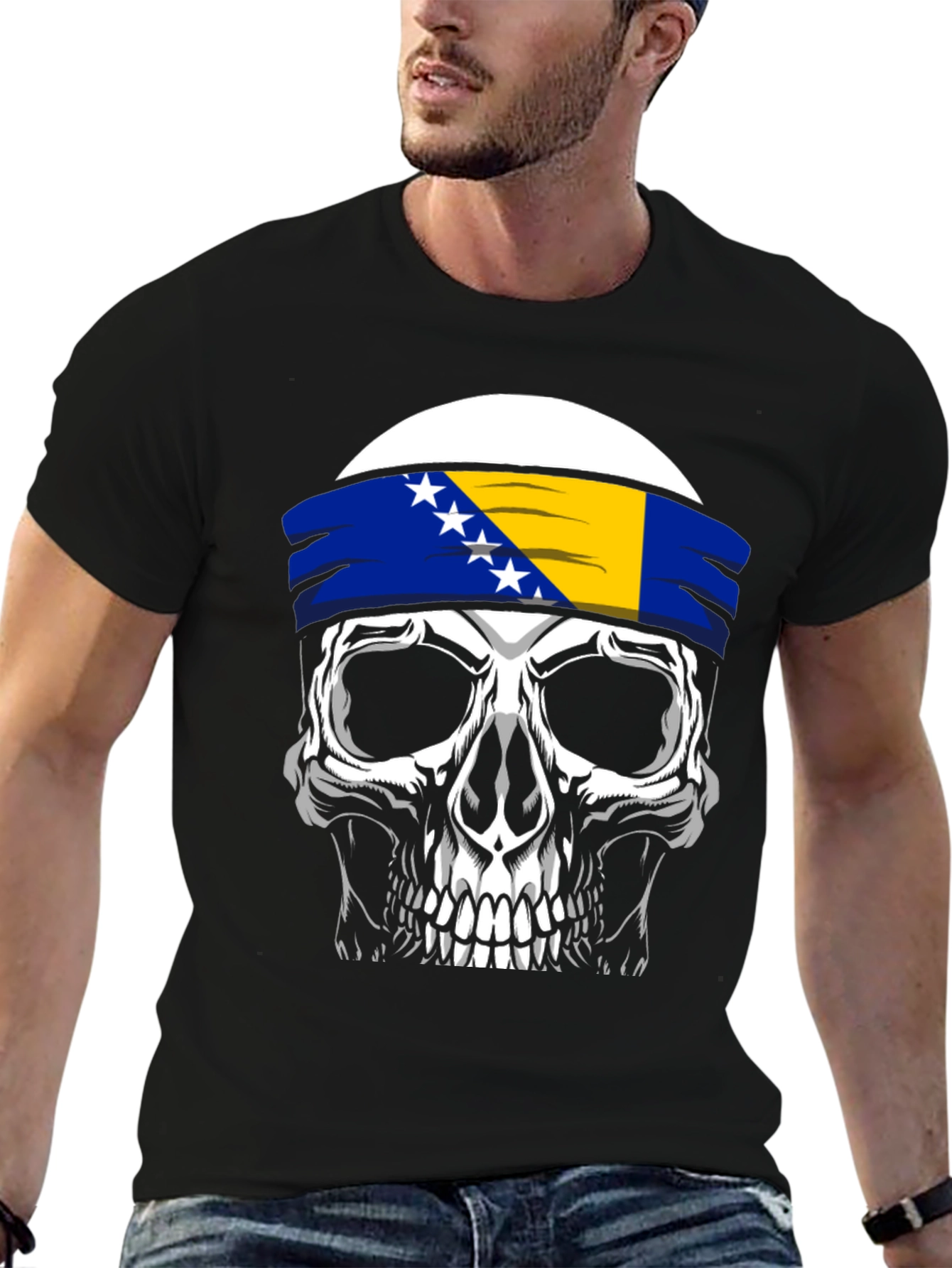 Skull Bosnia Flag Headband T-Shirt - 6