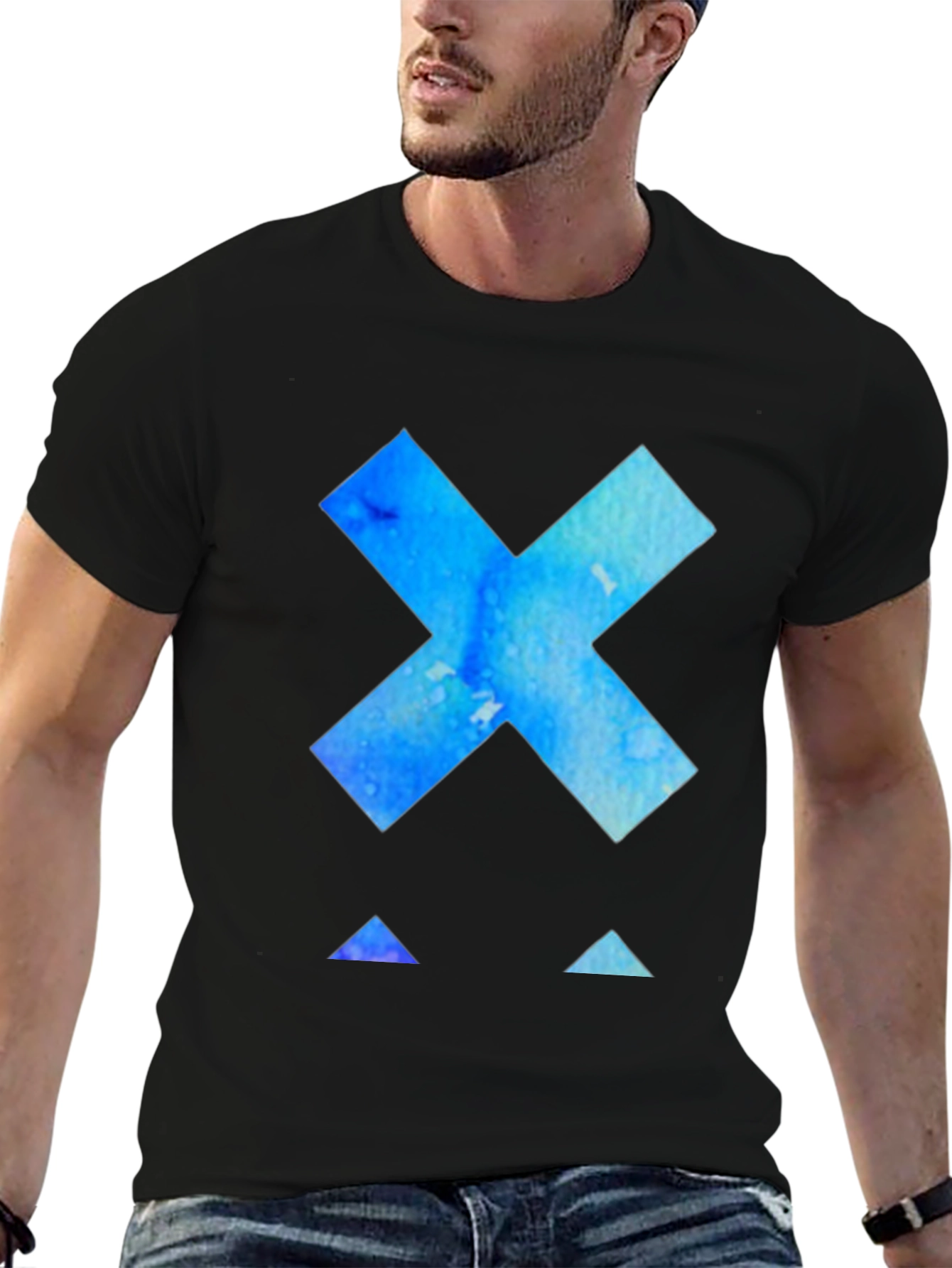 Black Geometric Blue Watercolor Graphic Tee - Modern Design view 6