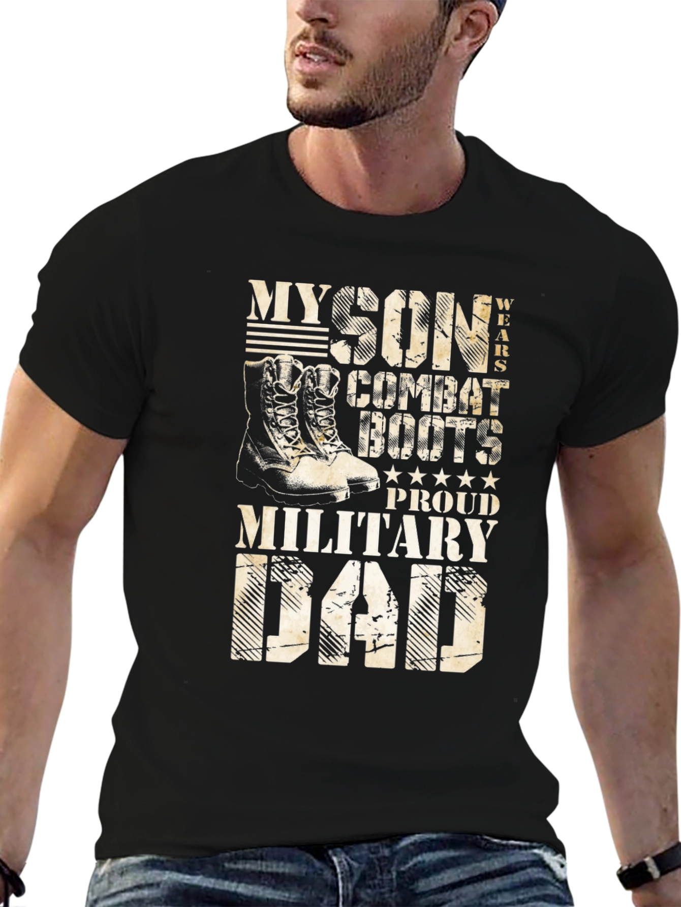 Black Proud Military Dad T-Shirt - Son Wears Combat Boots view 6