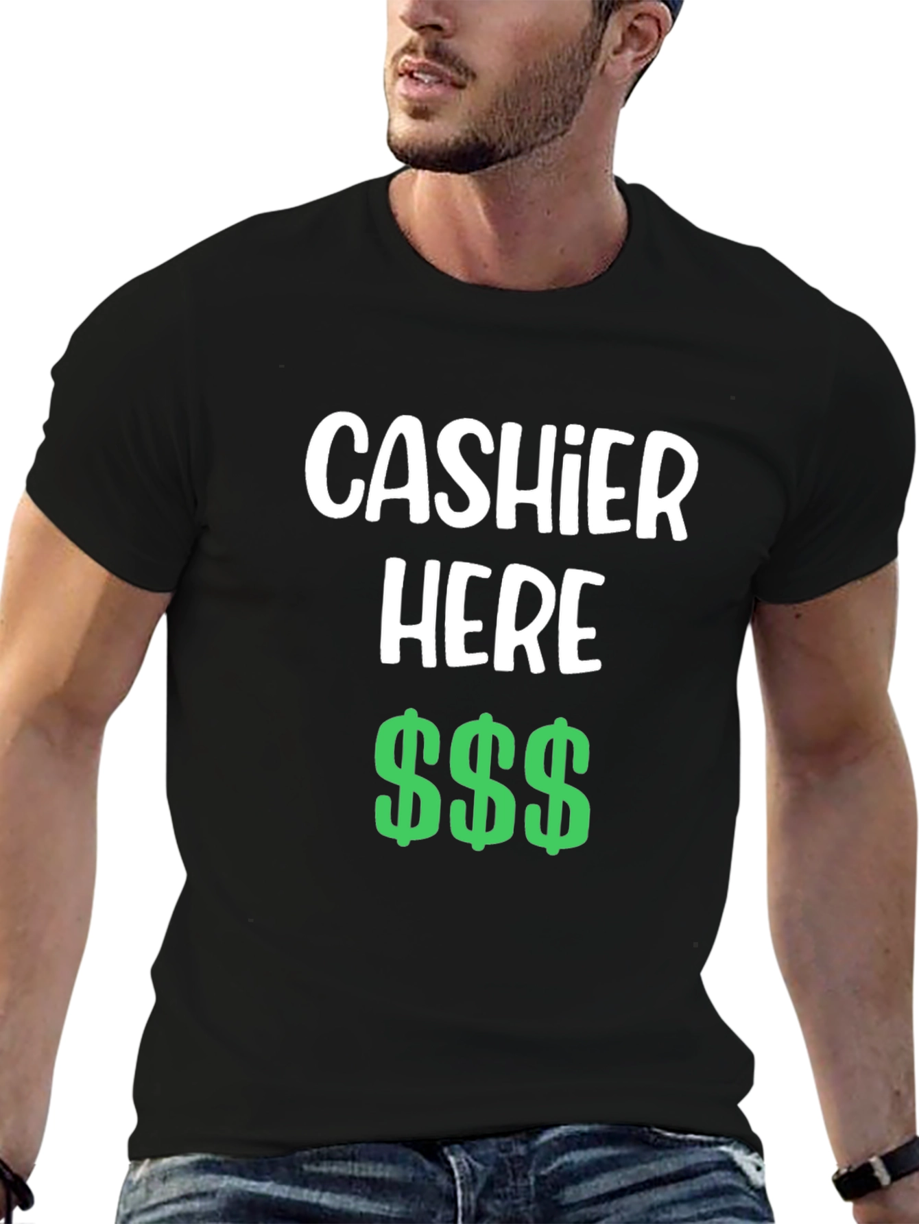 Black Cashier Here Funny T-Shirt - Black Crew Neck Tee view 6