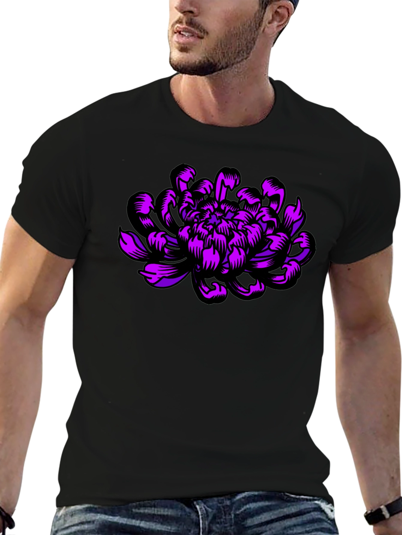 Black Black T-Shirt with Purple Flower Design view 6