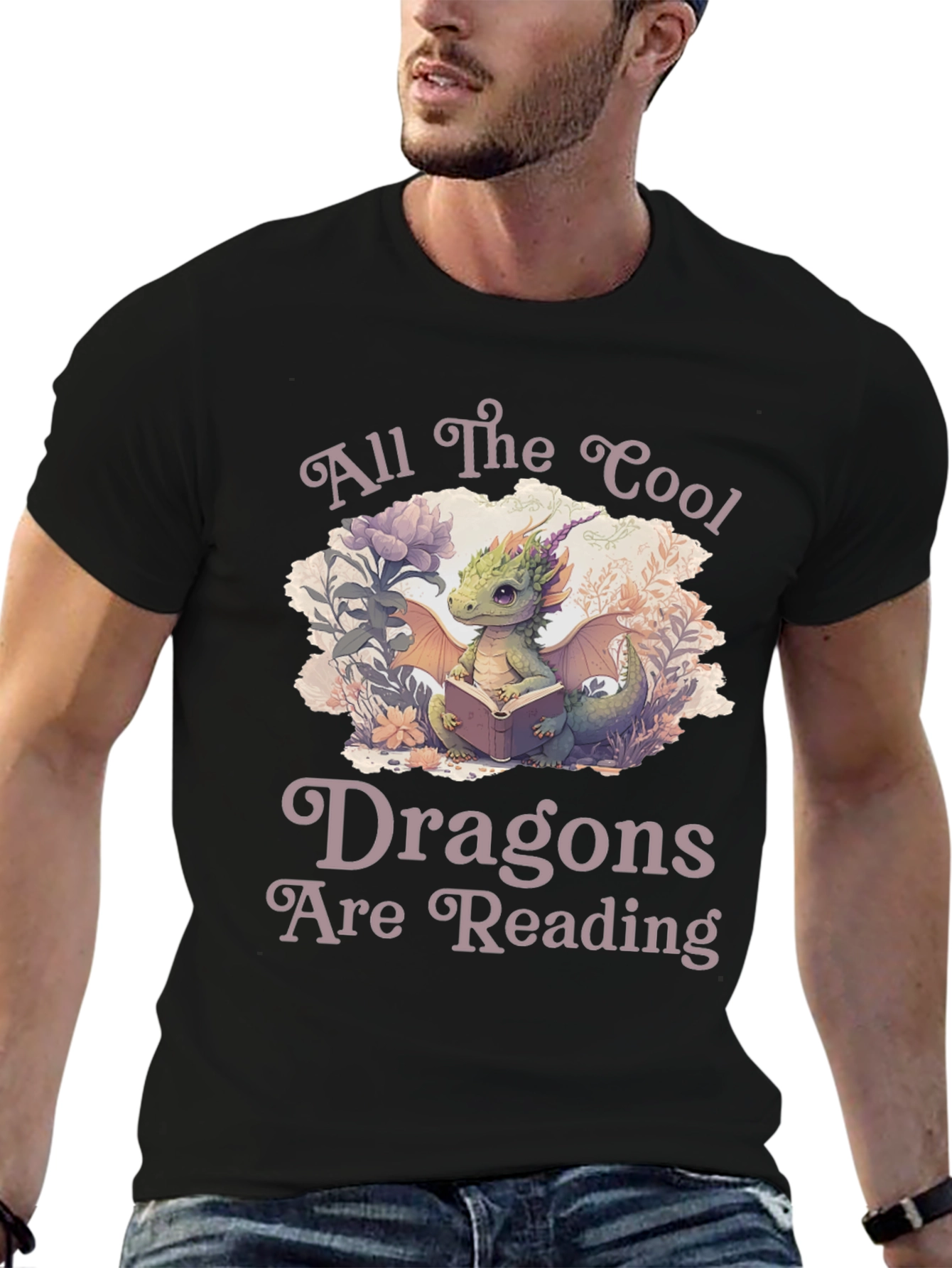 Black Cool Dragons Reading Black T-Shirt view 6