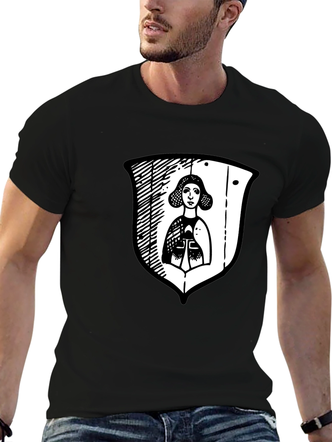 Black Black Graphic Tee with Medieval Lady Shield view 6