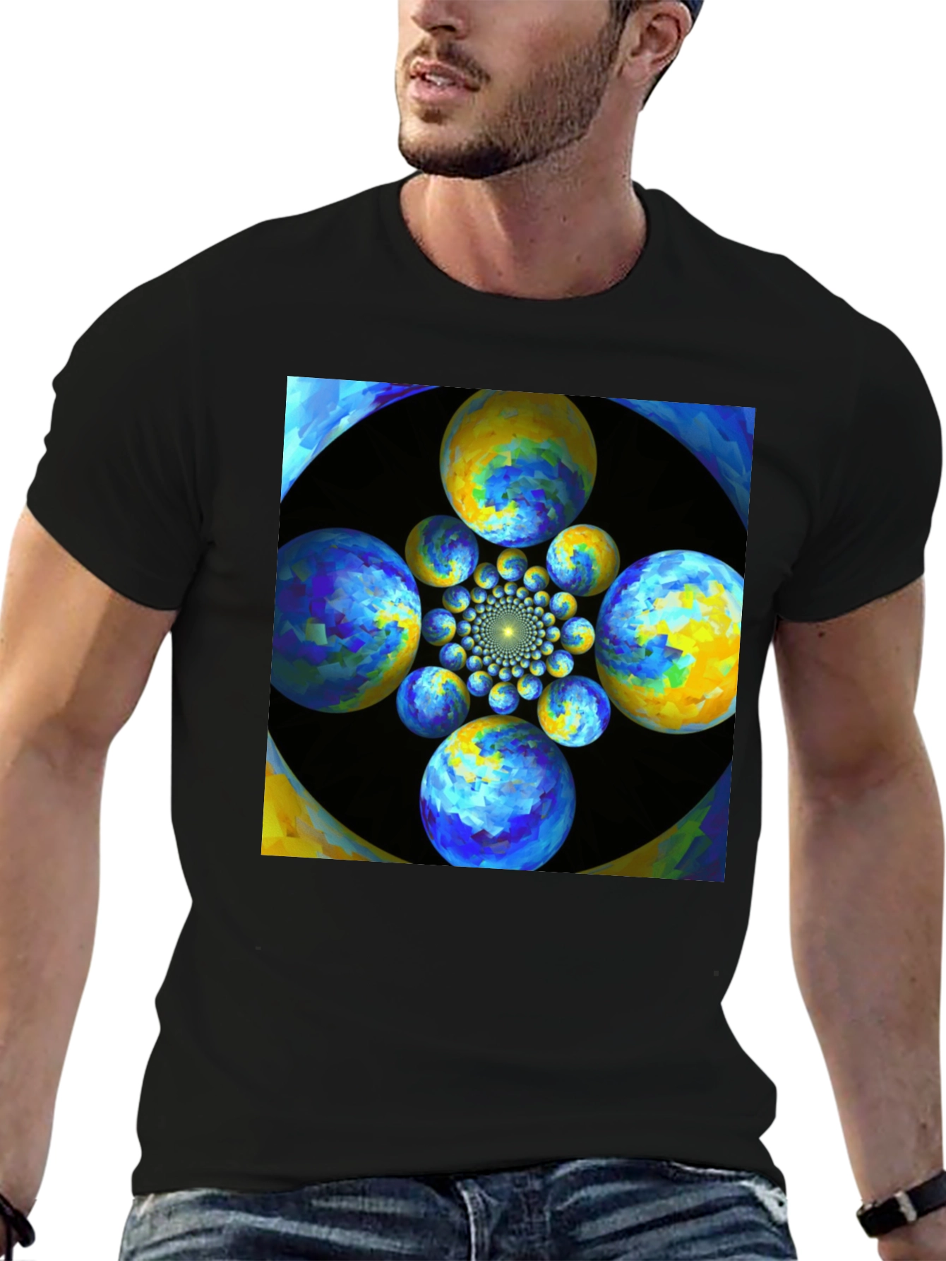 Black Abstract Fractal Sphere Graphic T-Shirt view 6