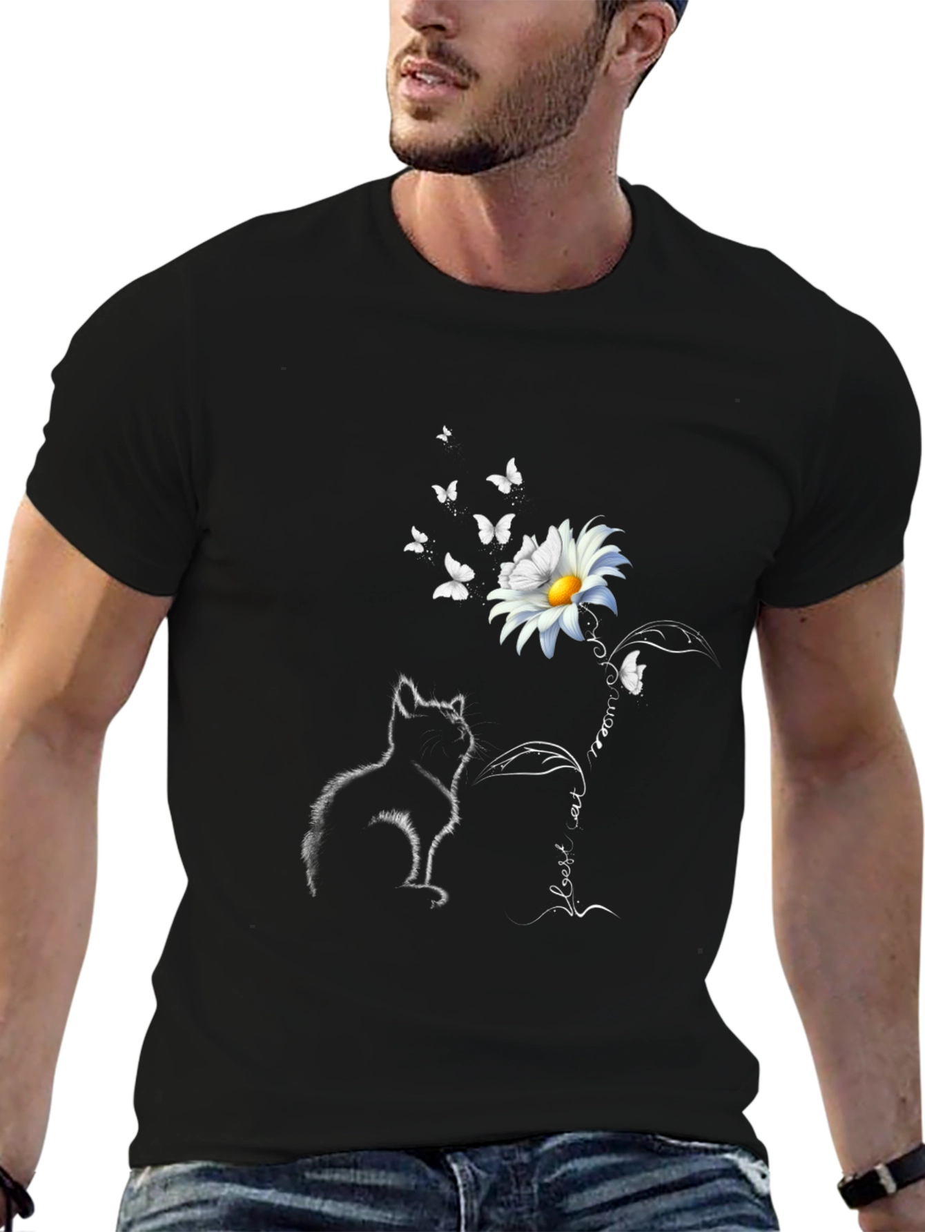 Black Cat & Daisy T-Shirt: Black Tee with Unique Graphic view 6
