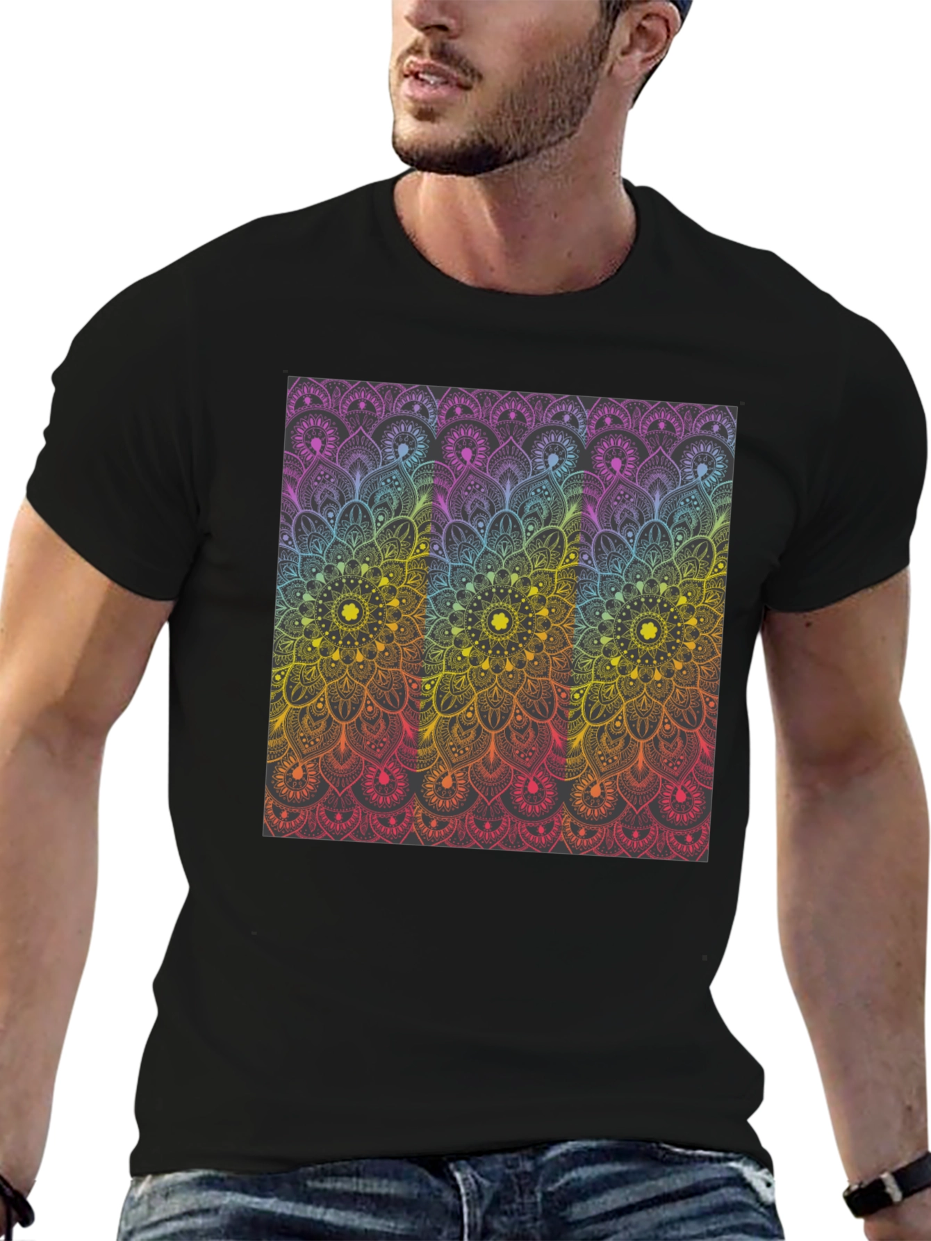 Black Colorful Mandala Graphic Print Black T-Shirt view 6