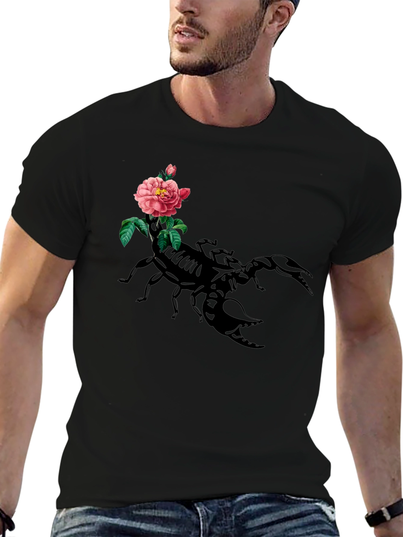 Black Scorpion & Rose Graphic Tee - Men's Black Cotton T-Shirt view 6