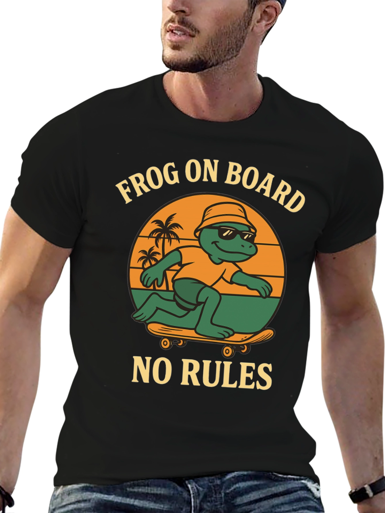 Black Frog On Board Graphic T-Shirt - Skateboarding Frog view 6