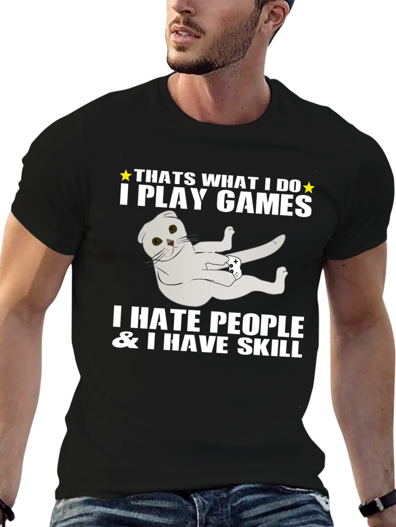 Black Gamer Cat T-Shirt - I Play Games & I Have Skill view 6