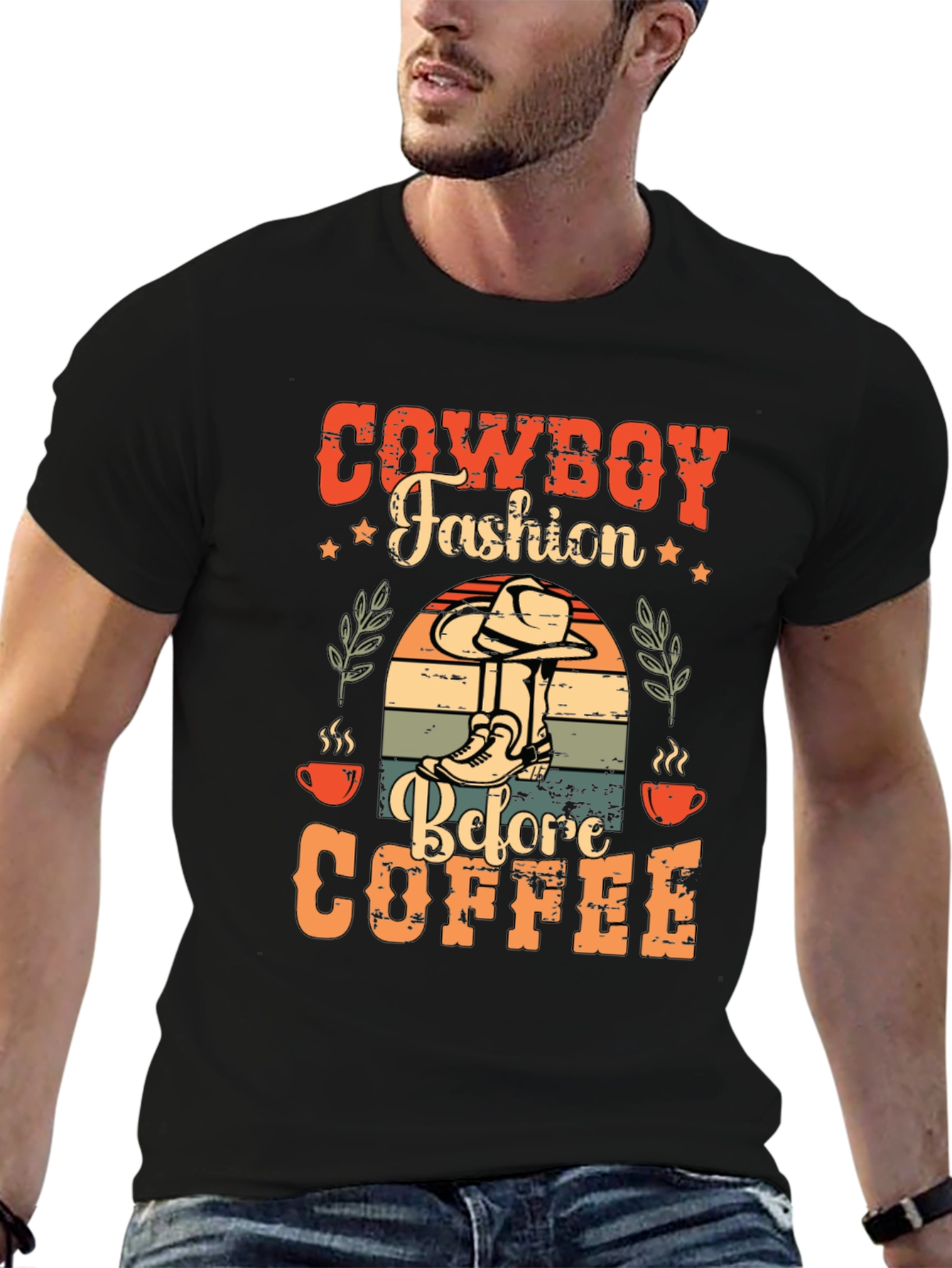 Black Cowboy Fashion Before Coffee Graphic T-Shirt view 6