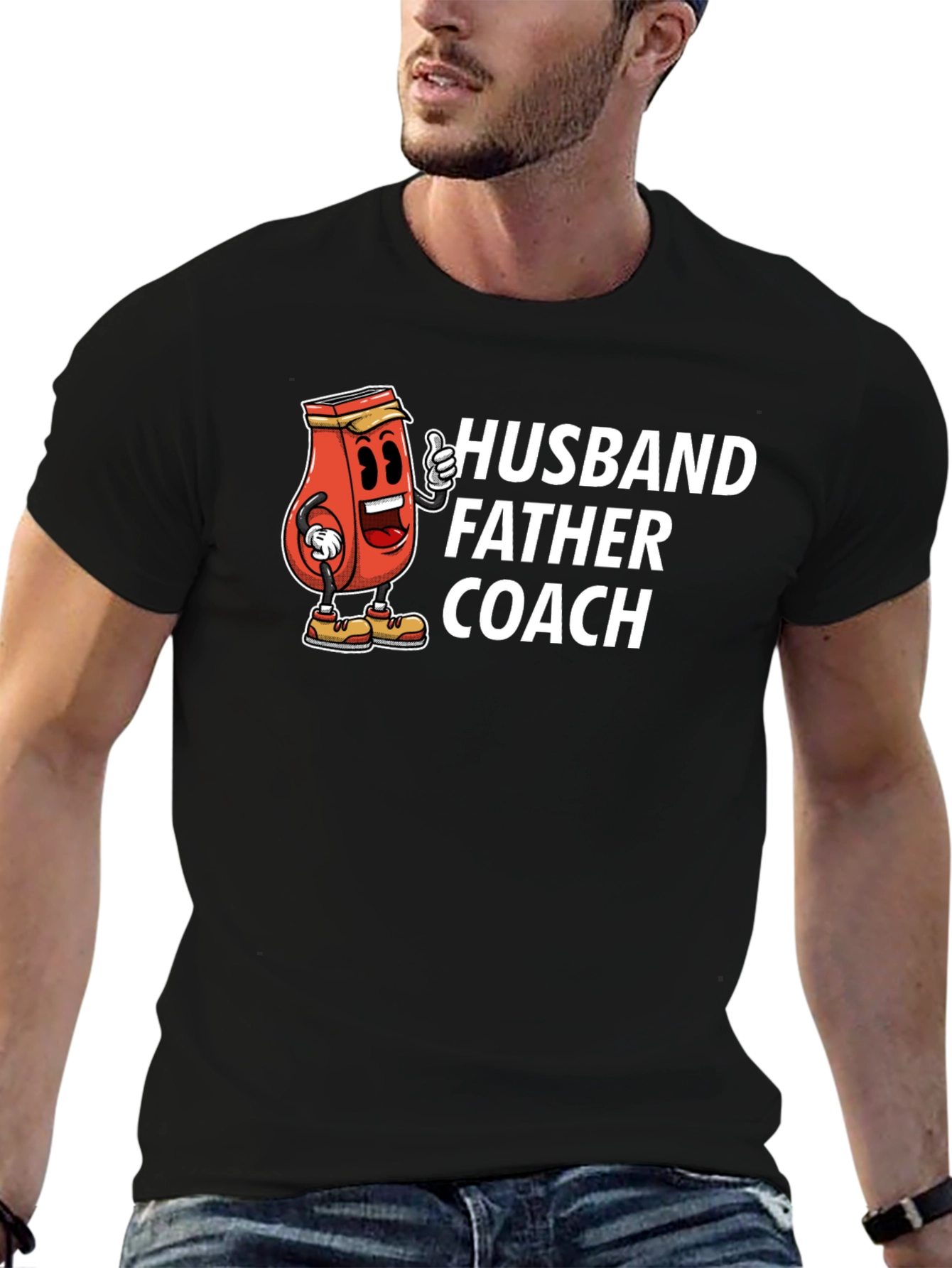 Black Husband Father Coach T-Shirt Funny Ketchup Cartoon Dad Tee view 6