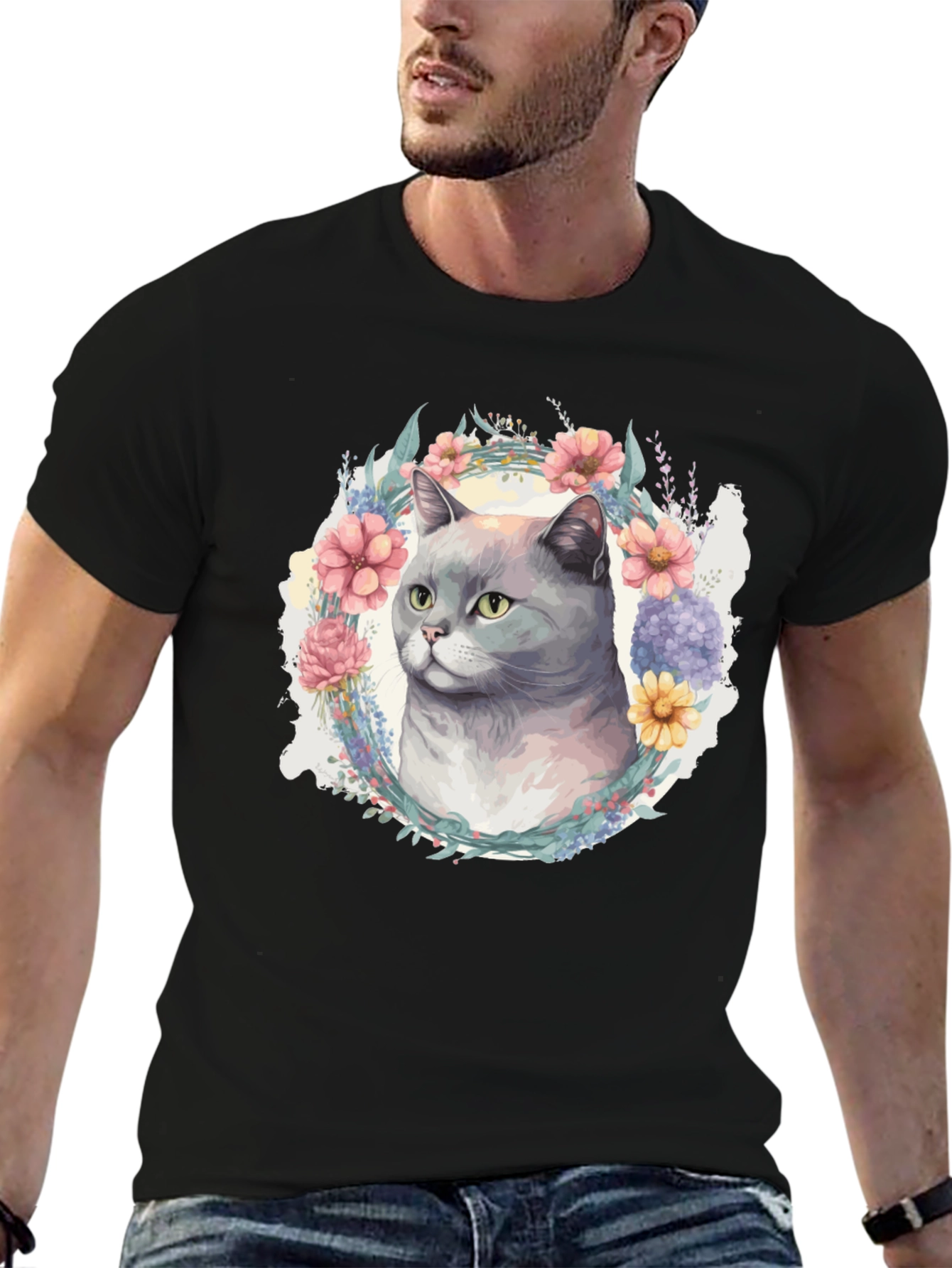 Black Floral Cat T-Shirt - Soft Cotton Blend view 6