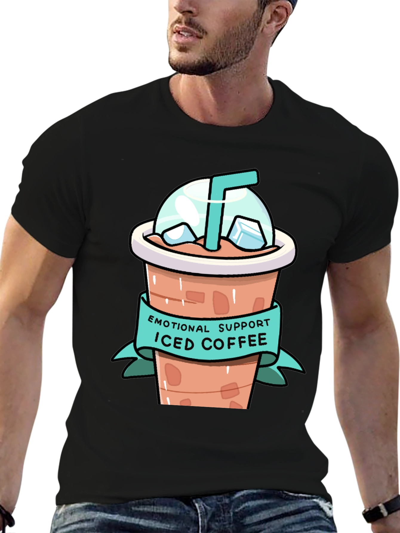 Black Emotional Support Iced Coffee Graphic T-Shirt view 6