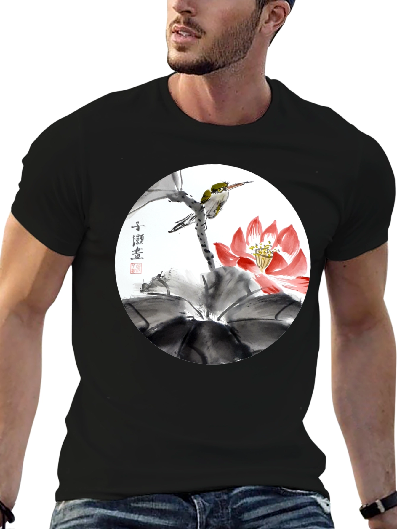 Black Artistic Bird & Lotus T-Shirt view 6