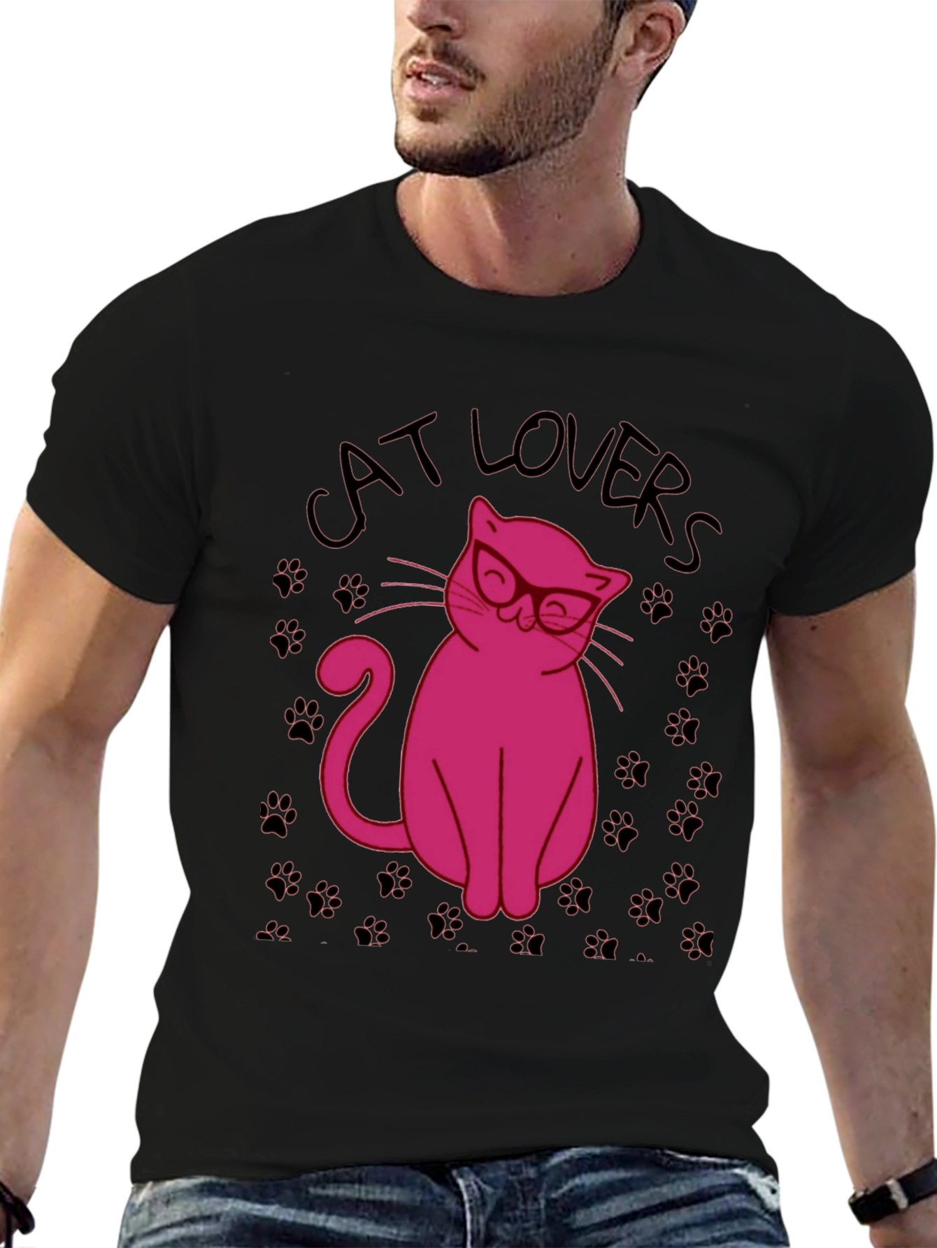 Black Cat Lovers T-Shirt - Pink Cat with Glasses Design view 6