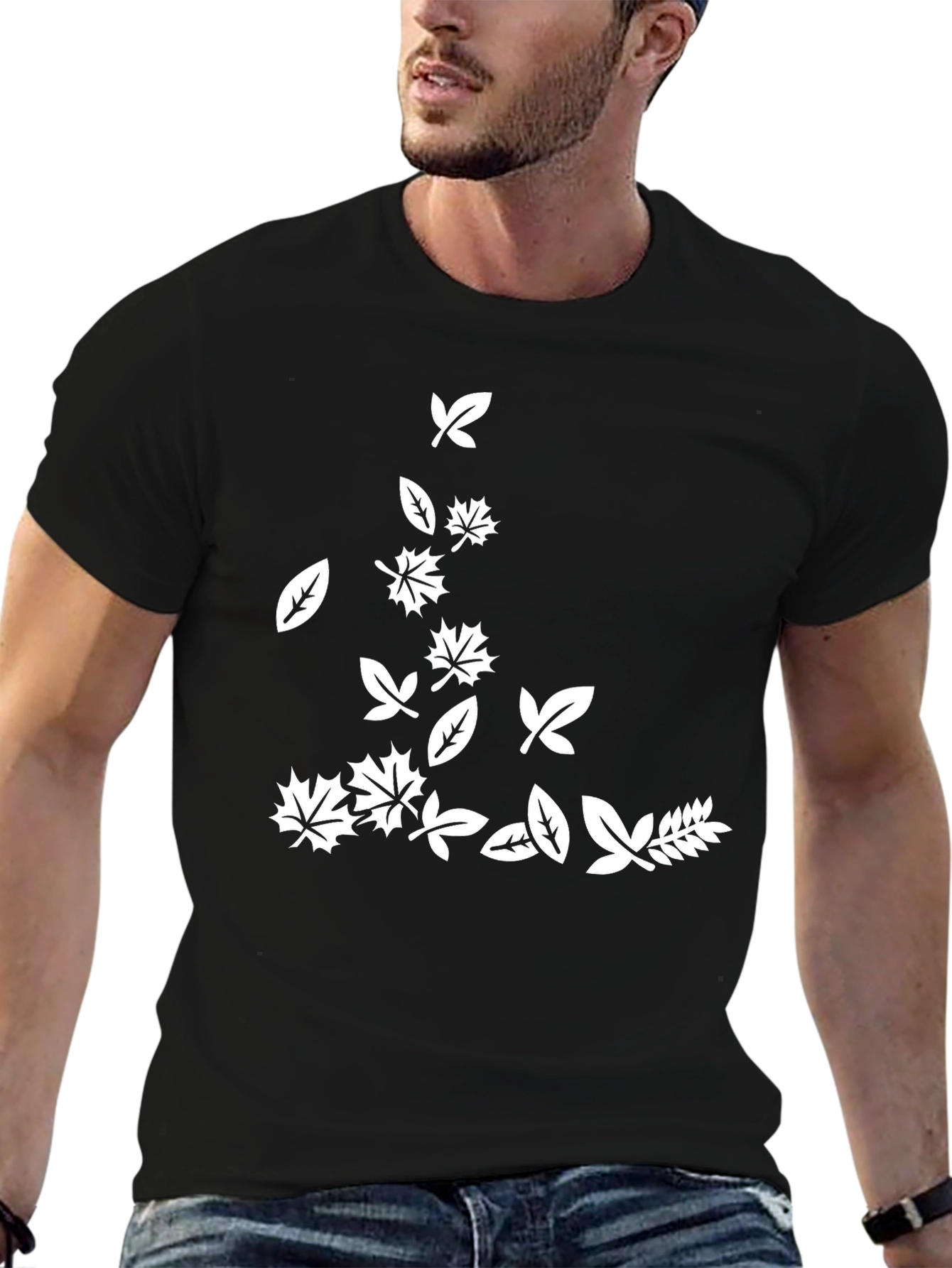 Black Men's Black T-Shirt with Falling Leaves Design view 6