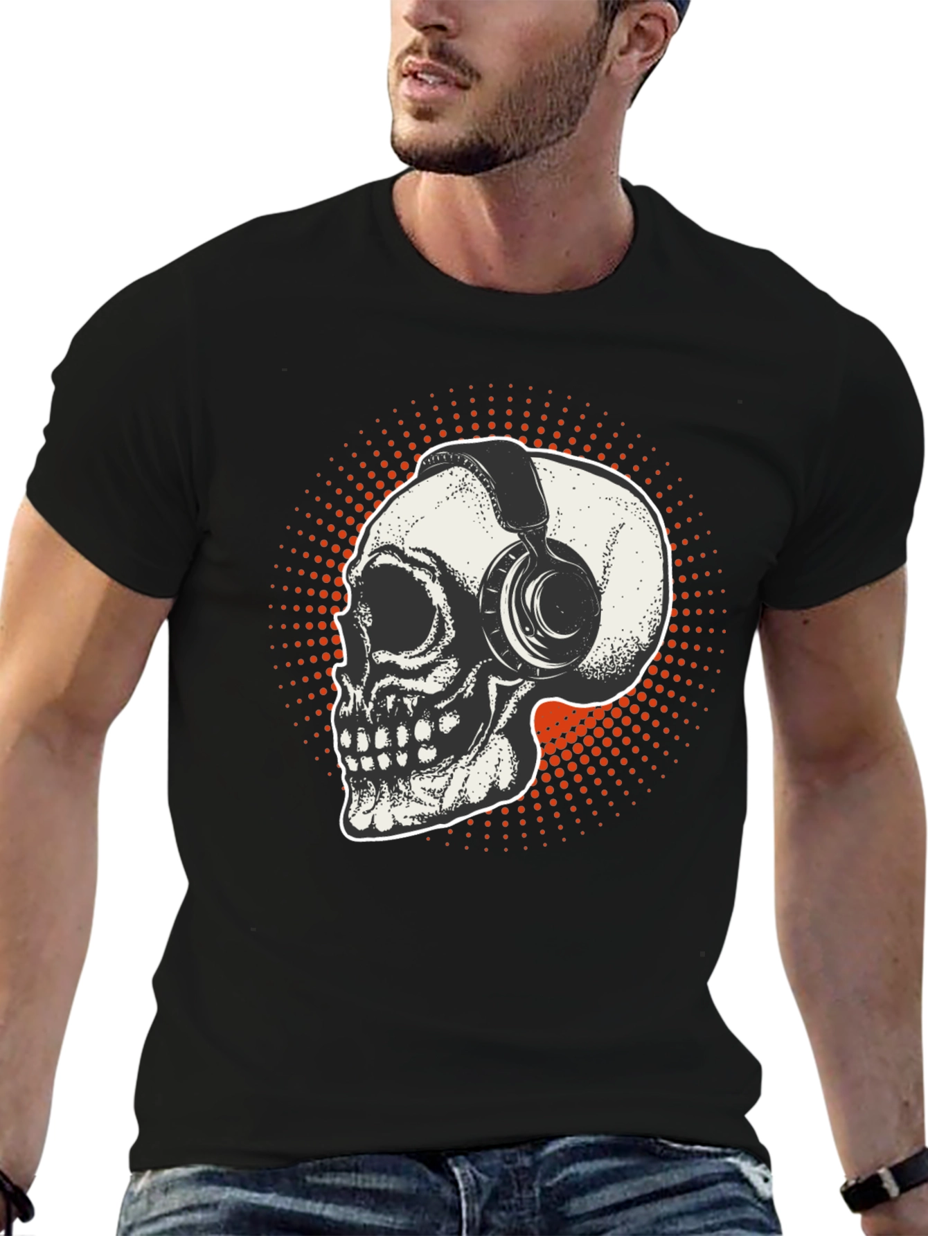 Black Skull & Headphones Graphic T-Shirt - Black view 6