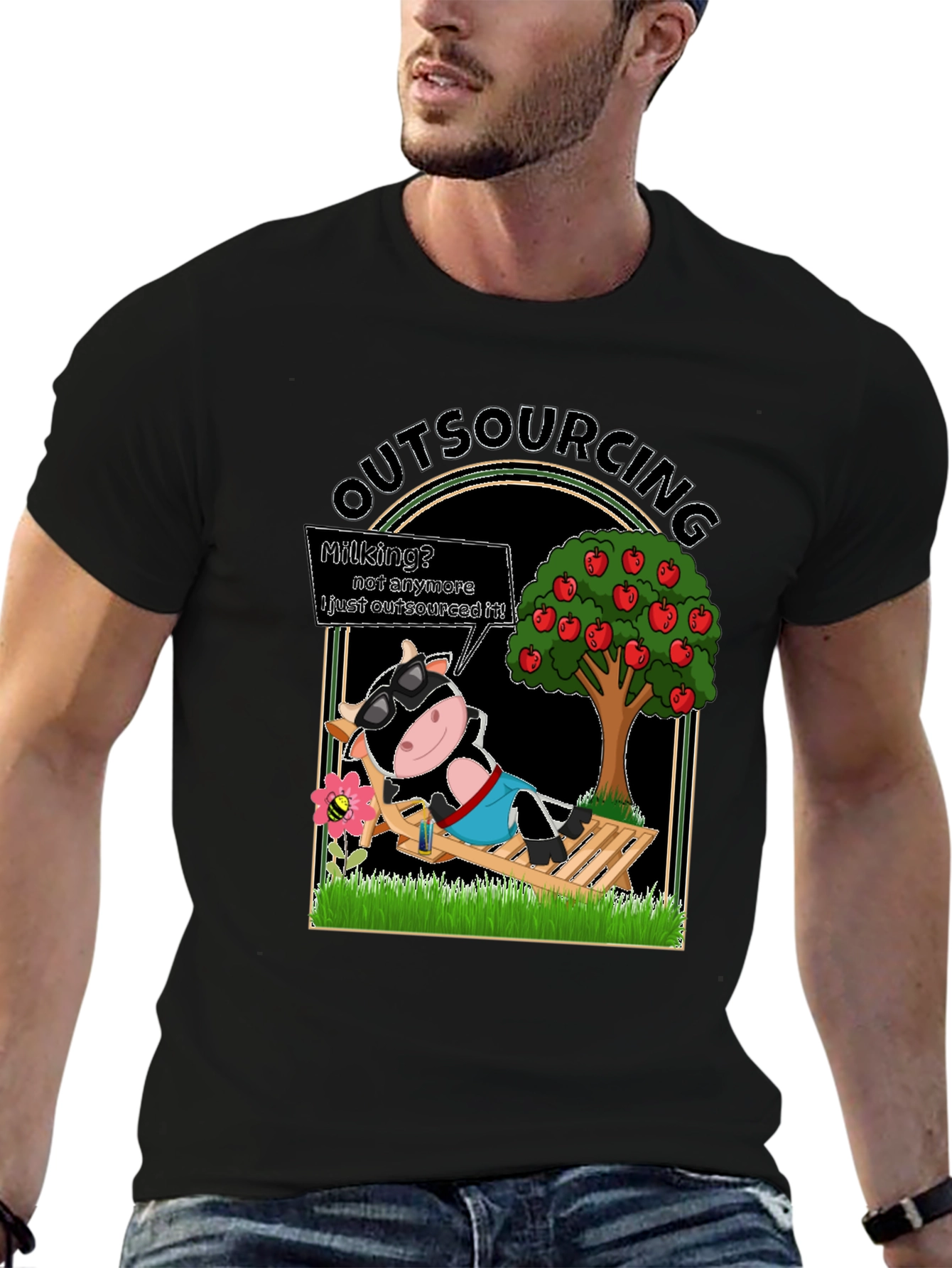 Black Outsourcing Cow T-Shirt Funny Business Humor Tee view 6