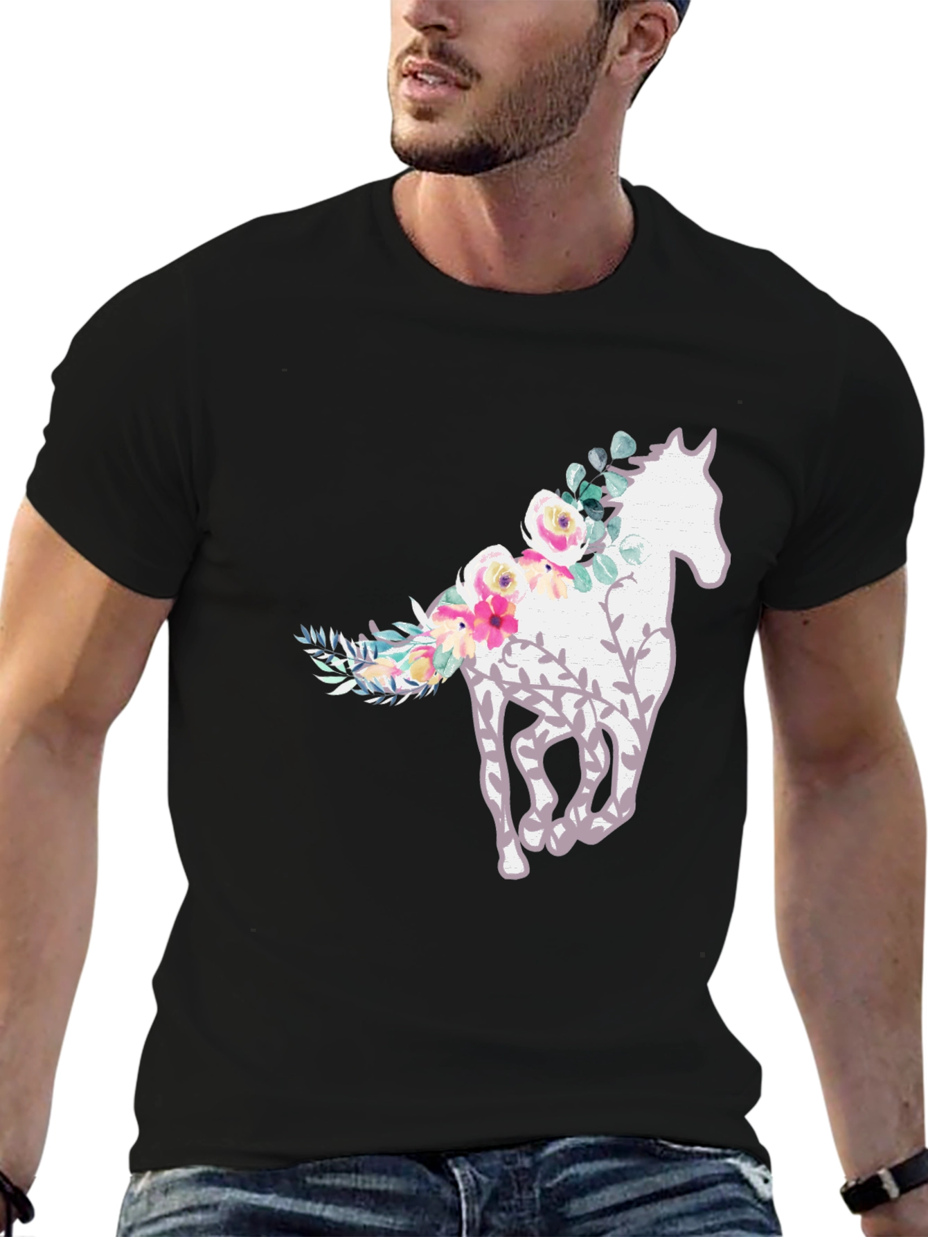 Black Floral Horse Graphic Tee - Stylish Comfort view 6