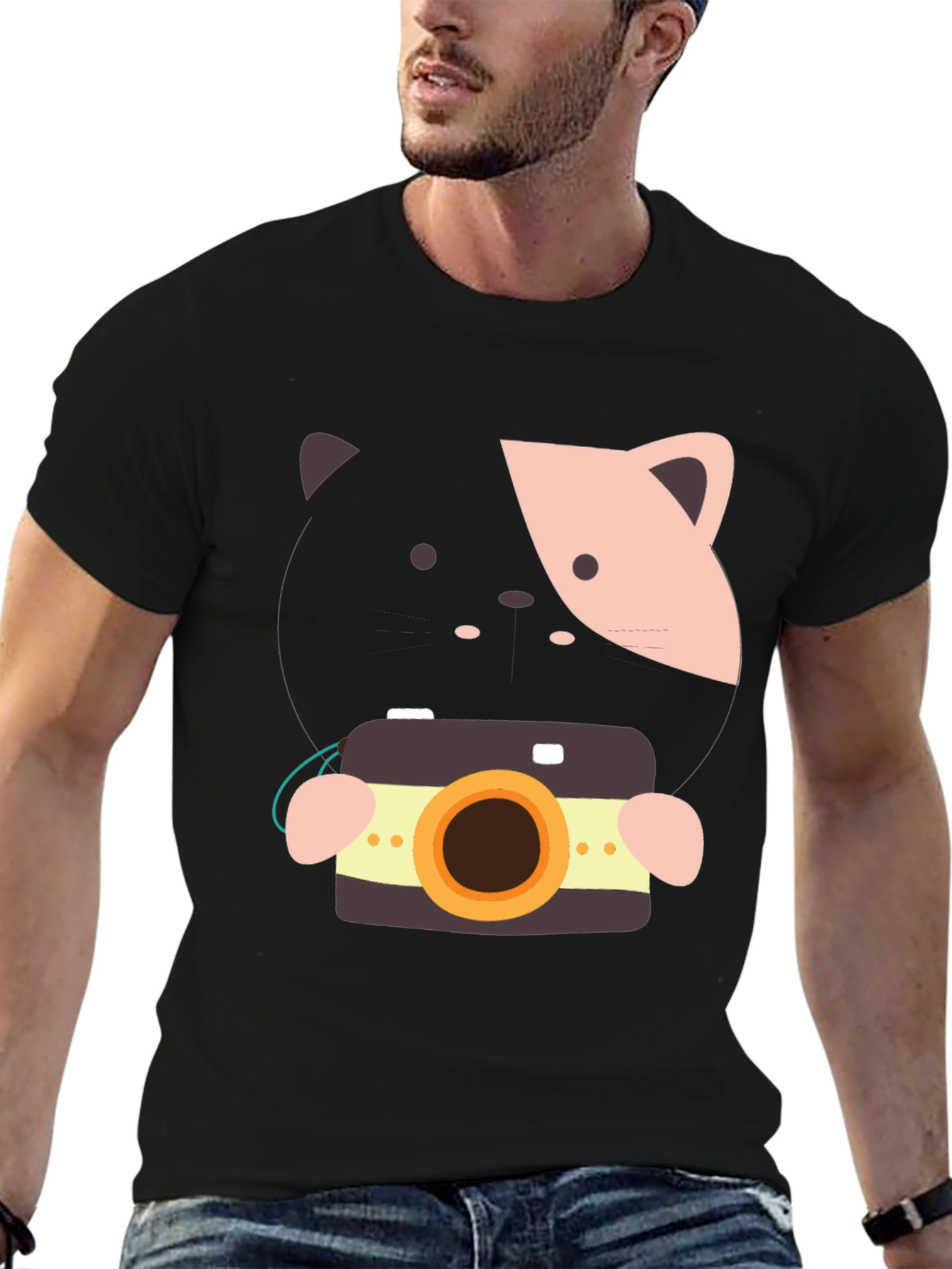 Black Cute Cat with Camera Graphic Tee - Soft Cotton Blend view 6