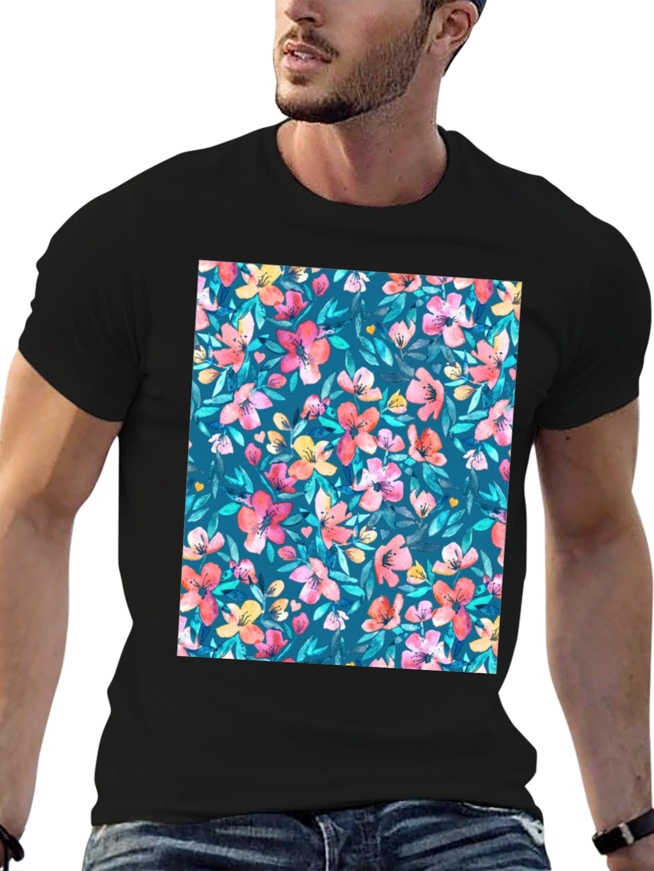 Black Floral Pattern T-Shirt: Vibrant & Stylish Casual Wear view 6