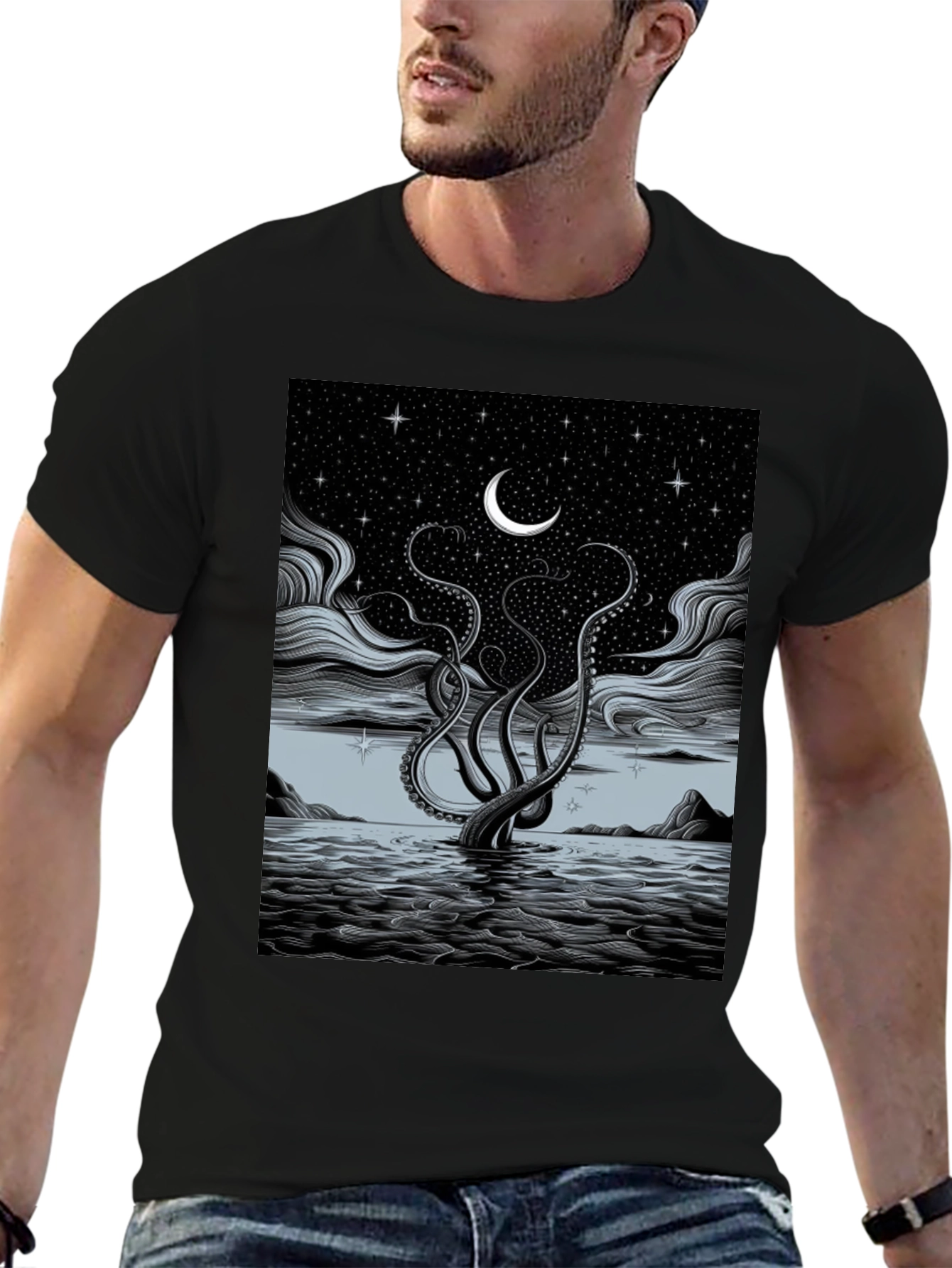 Black Mystic Kraken Tee - Dark Sea Design view 6