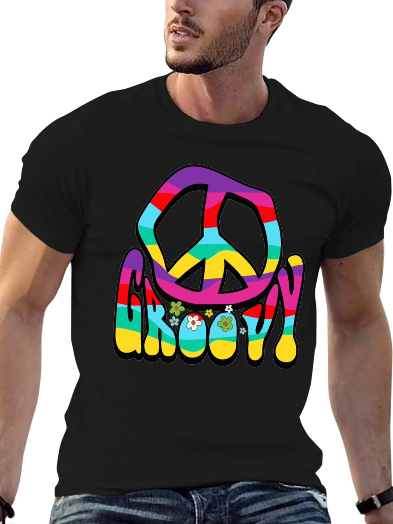 Black Groovy Peace Sign Graphic T-Shirt view 6