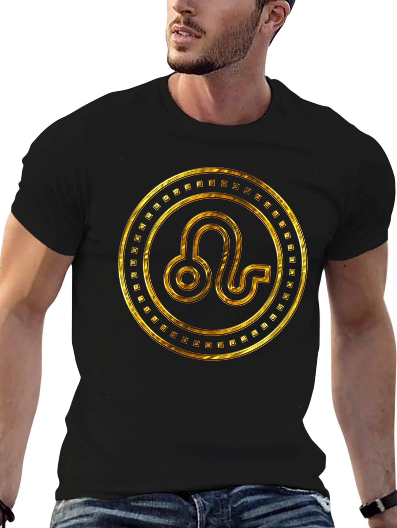Black Gold Leo Zodiac Sign Black T-Shirt view 6