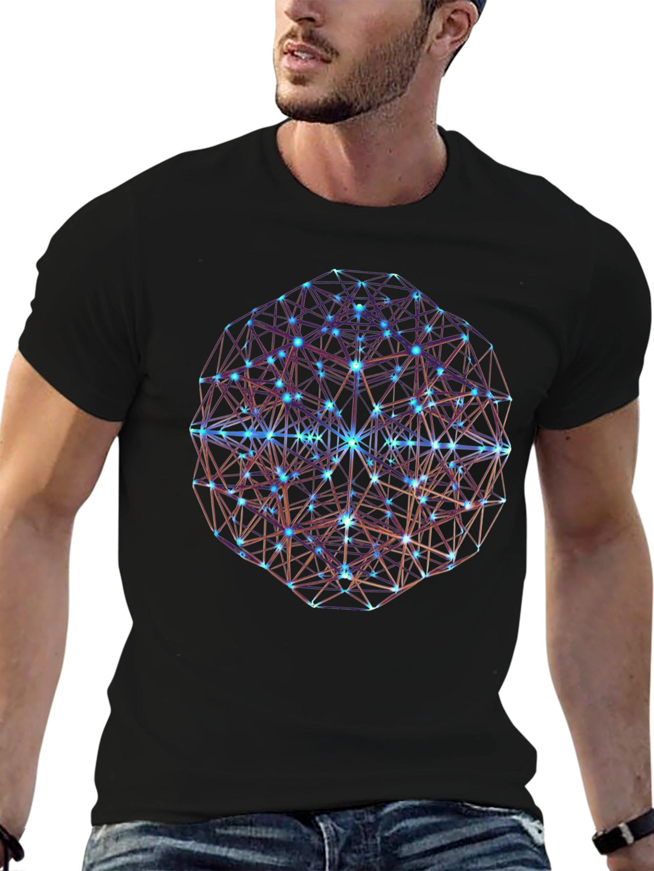 Black Geometric Sphere Graphic Print Black T-Shirt view 6