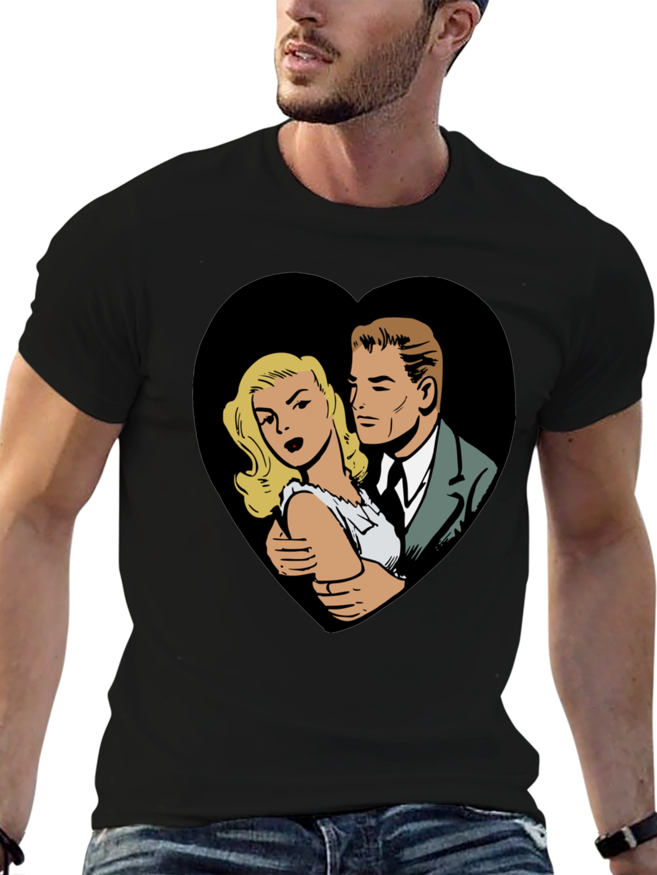 Black Retro Comic Couple Heart Graphic T-Shirt - Black view 6