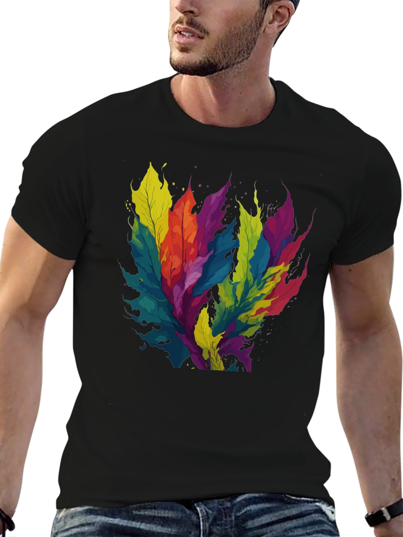 Black Colorful Leaf Design Black T-Shirt view 6