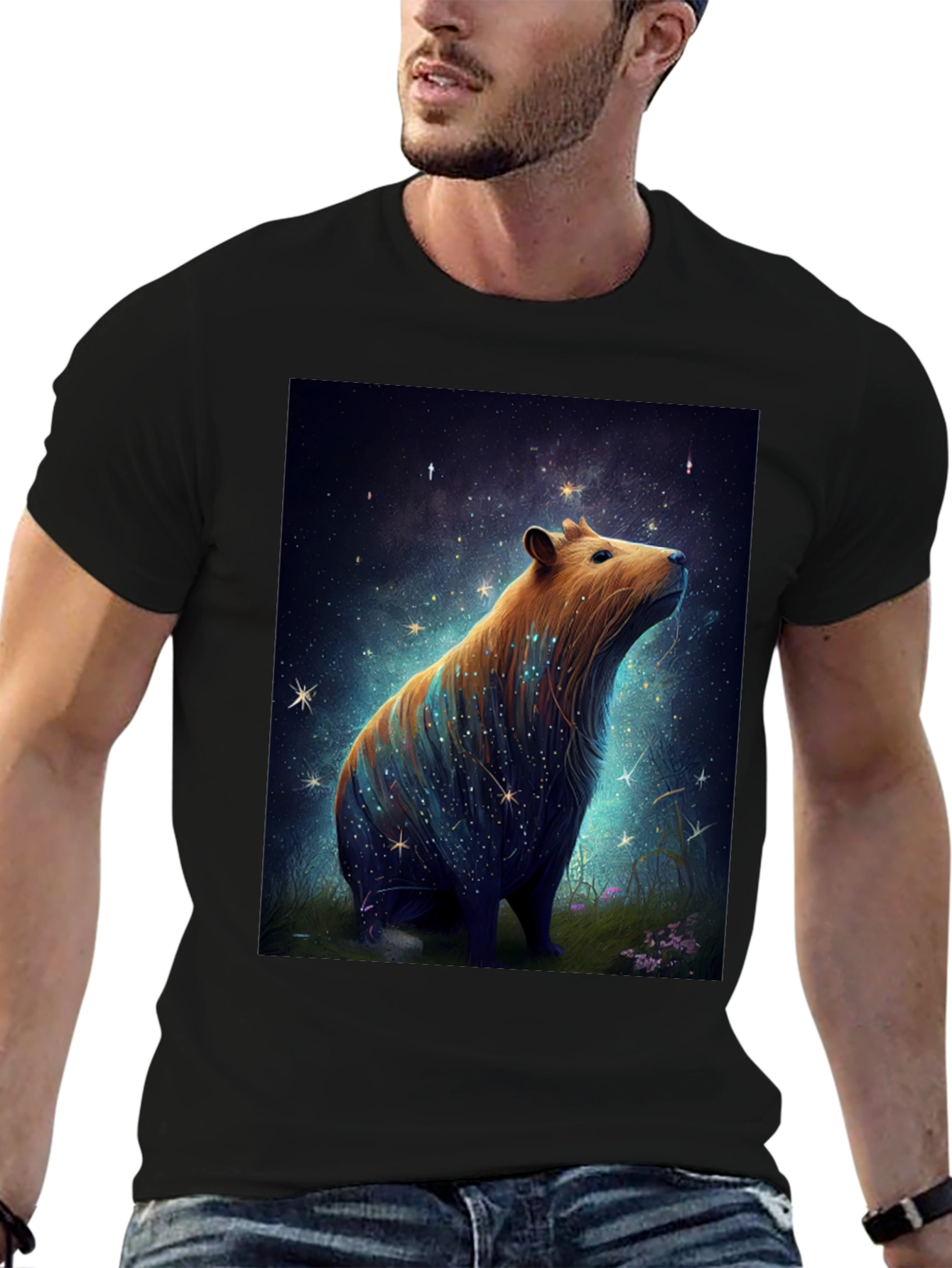 Black Starry Capybara Graphic Tee - Unisex Black T-Shirt view 6