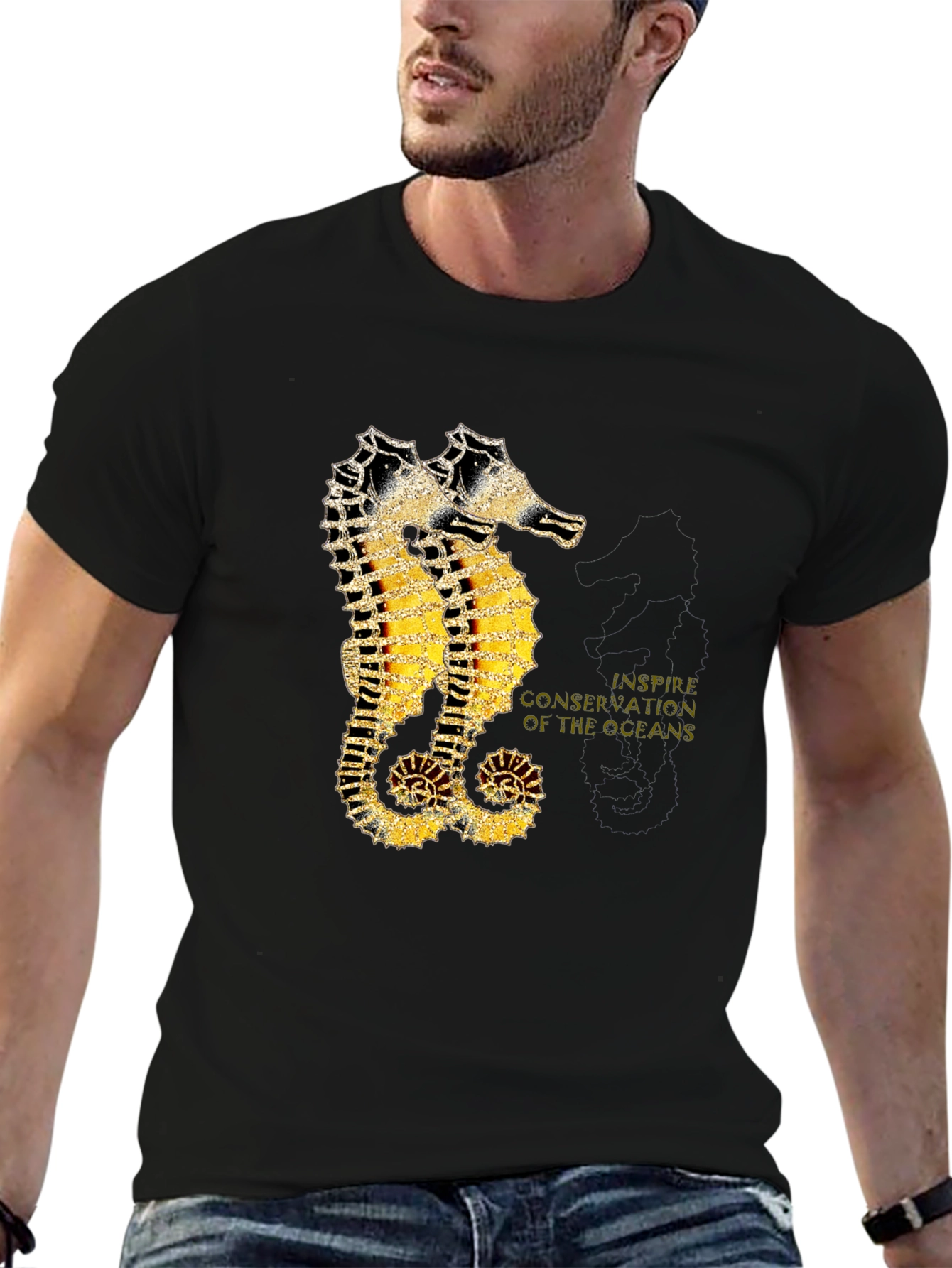 Black Seahorse Inspire Oceans Conservation Black T-Shirt view 6
