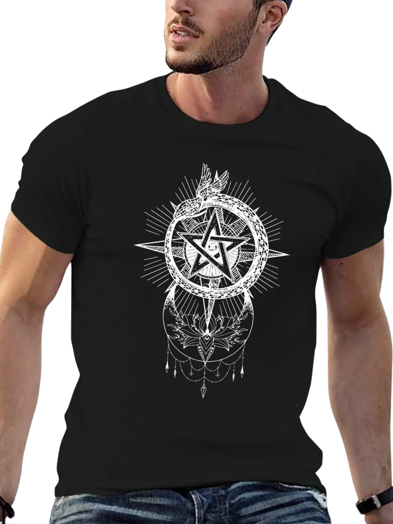 Black Occult Pentagram Serpent Graphic T-Shirt view 6