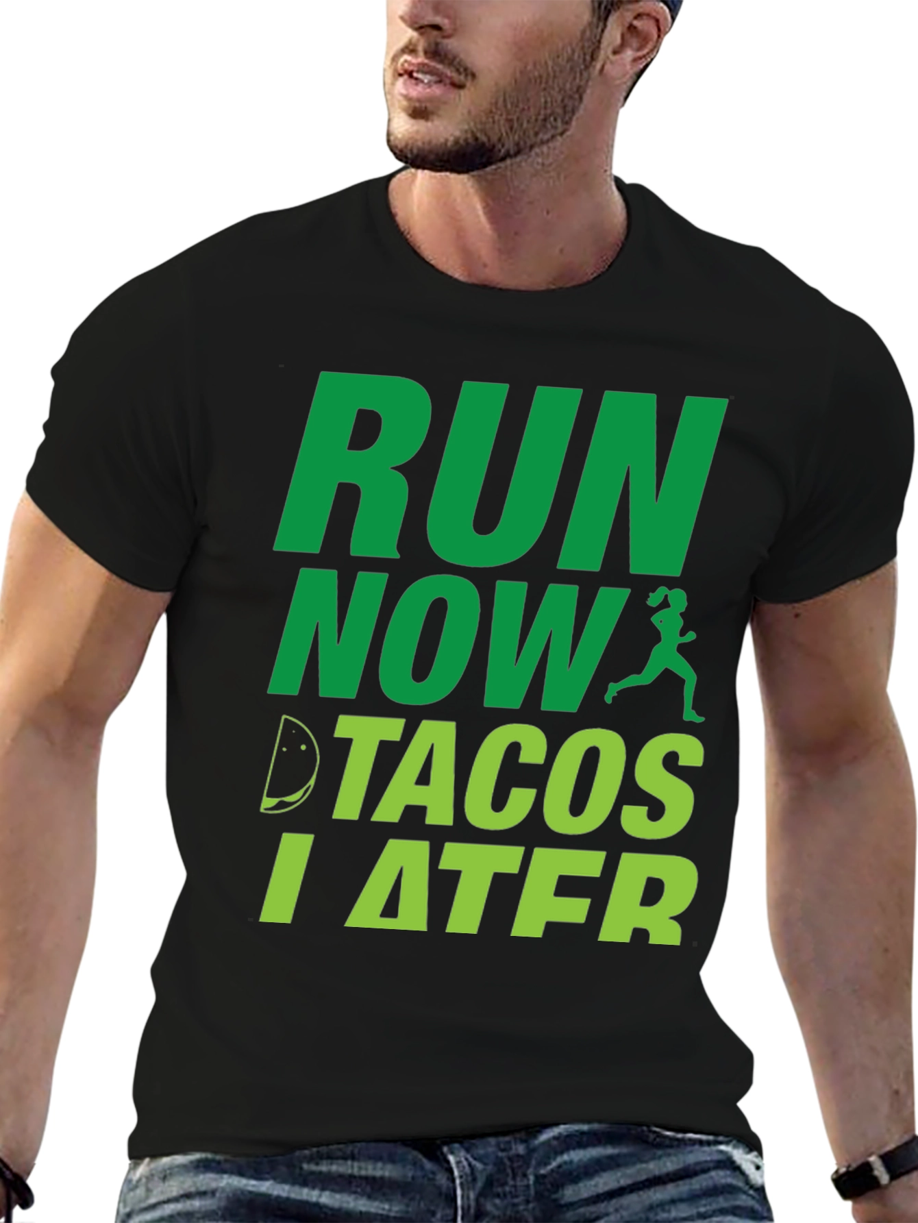 Black Run Now Tacos Later Funny Men's T-Shirt view 6