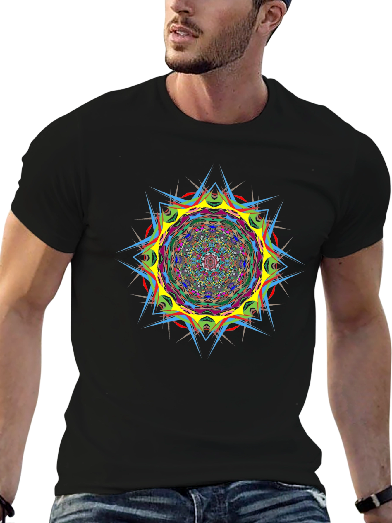 Black Psychedelic Mandala Graphic Black T-Shirt view 6