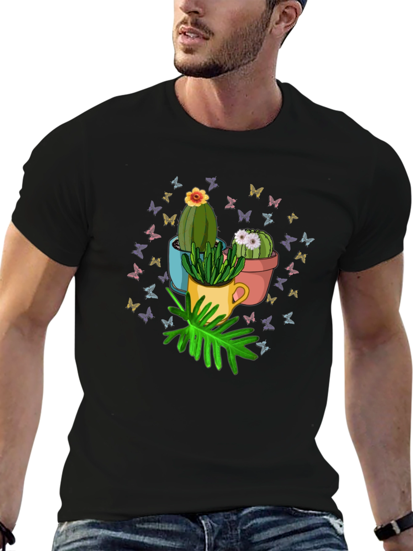 Black Cactus & Butterfly Graphic T-Shirt - Nature Lover Tee view 6