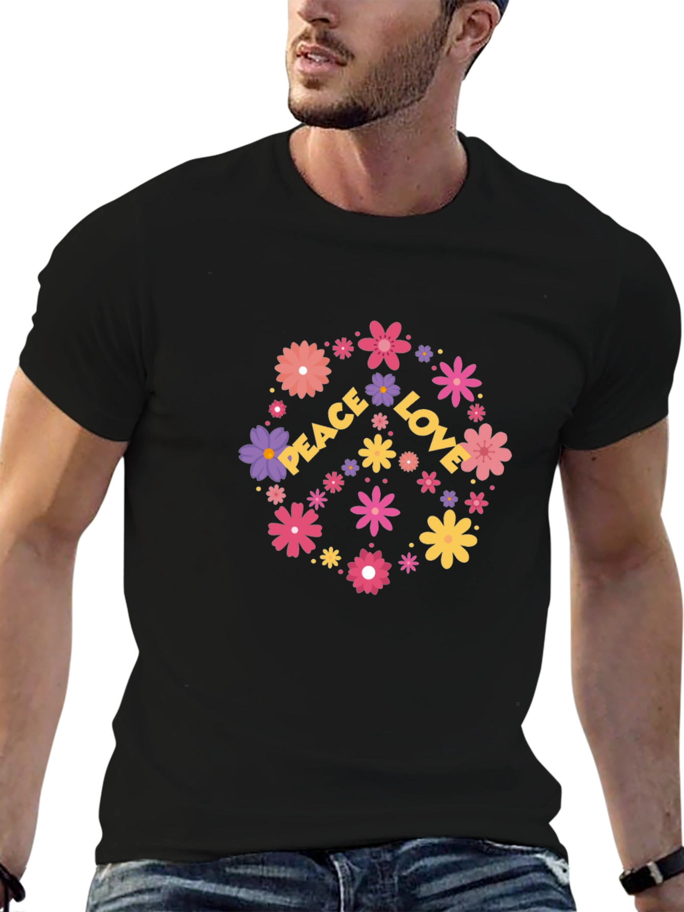Black Peace Love Flower Graphic T-Shirt view 6