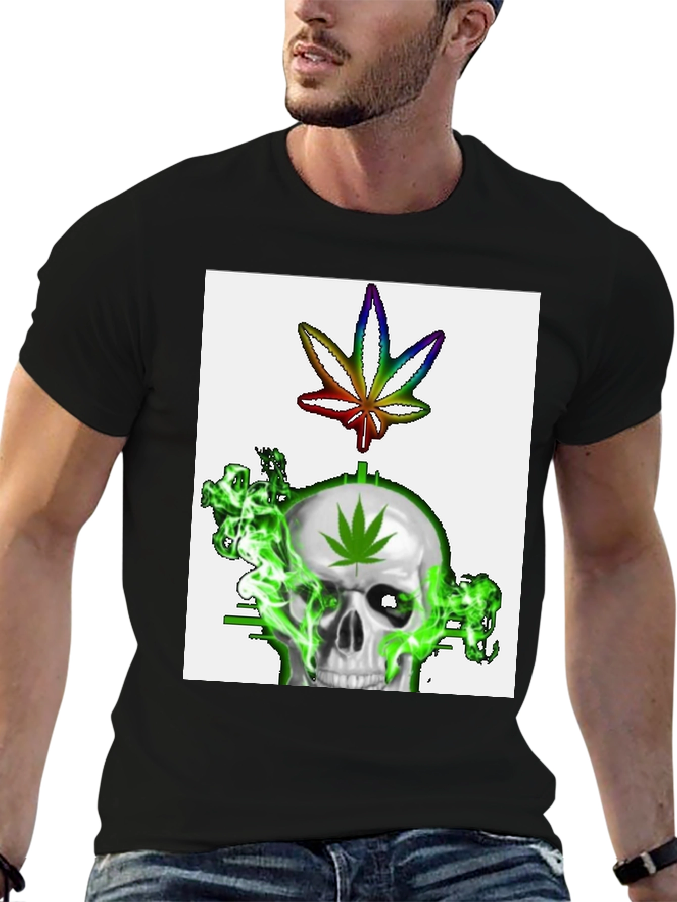Black Skull & Weed Leaf Graphic T-Shirt view 6
