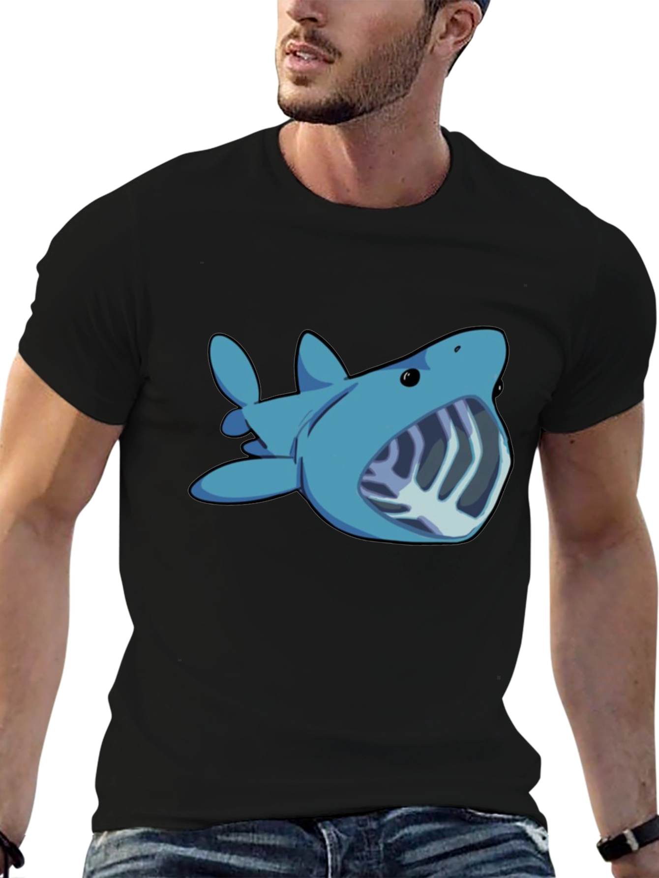 Black Cartoon Shark Graphic Tee - Black Unisex T-Shirt view 6