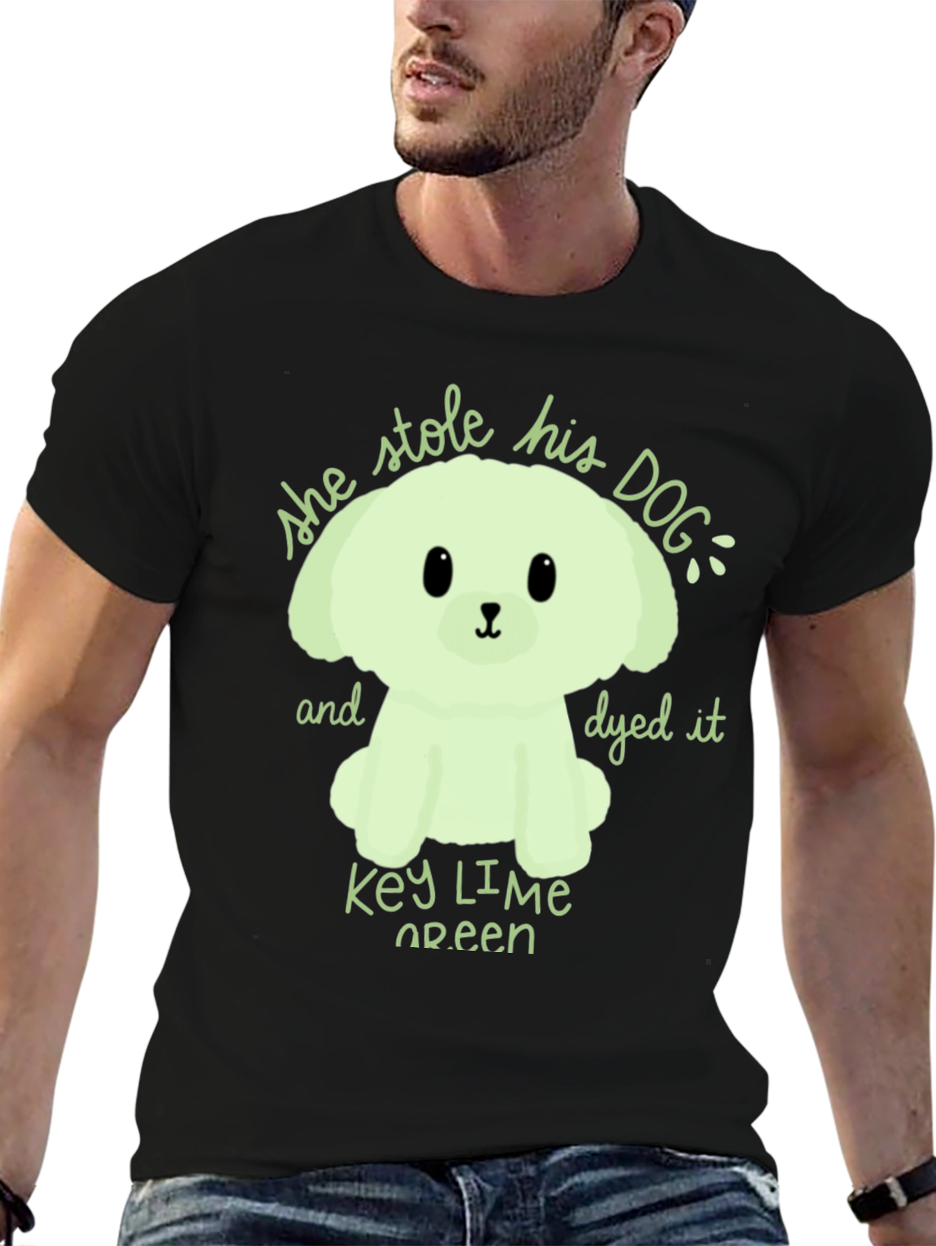 Black Key Lime Green Dog T-Shirt - 'She Stole His Dog' Graphic Tee view 6