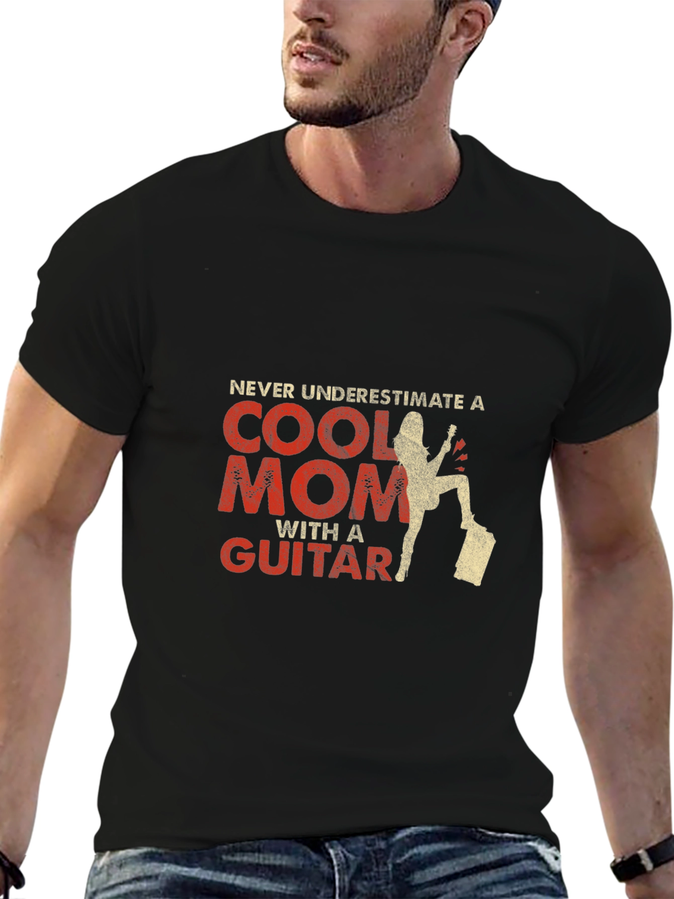 Black Cool Mom Guitar T-Shirt - Black Unisex Tee view 6